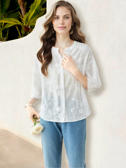 Blusa ligera con botones y sutil bordado floral para mujer de Anna-Kaci
