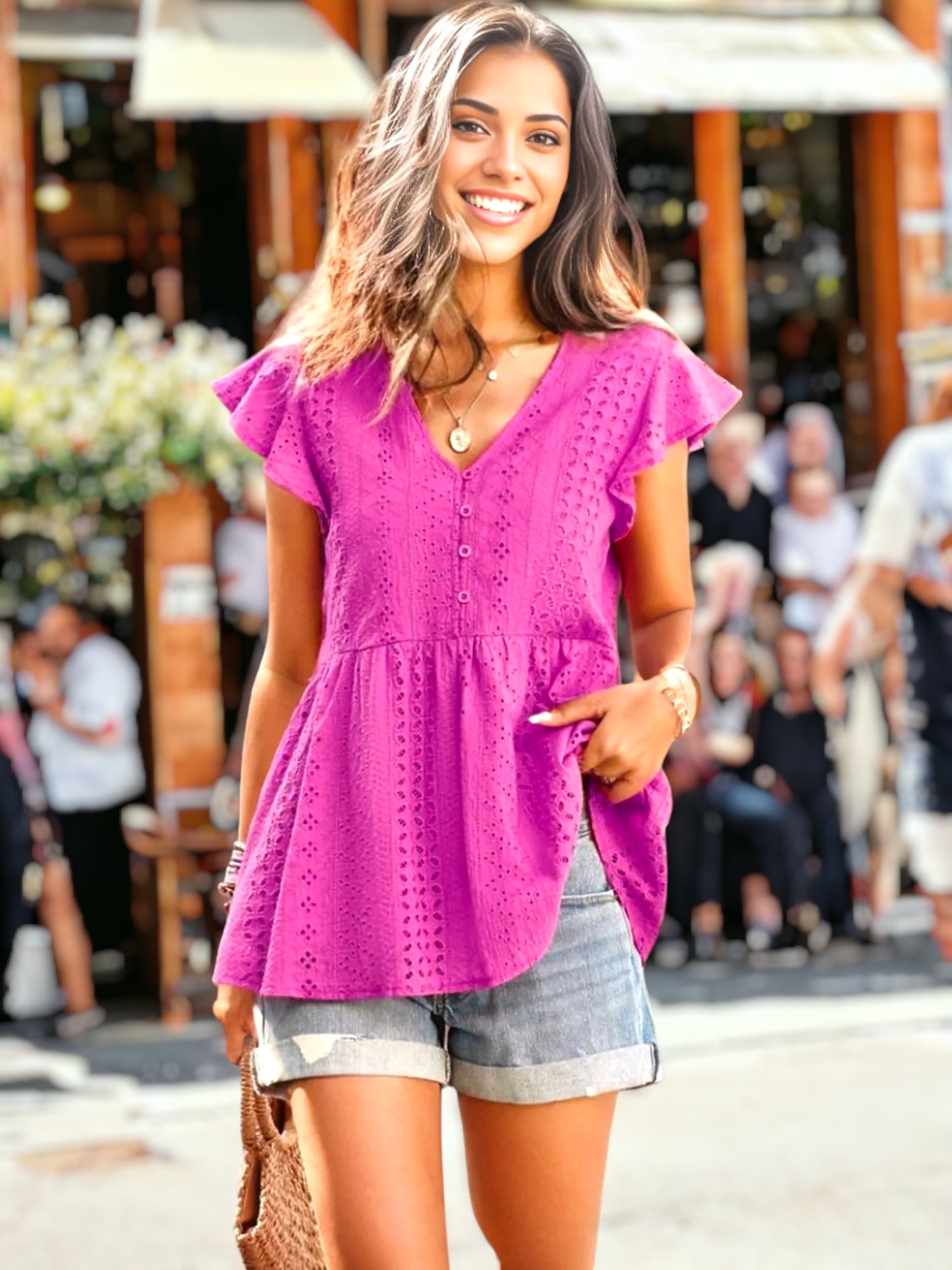 Eyelet Flutter Sleeve Blouse