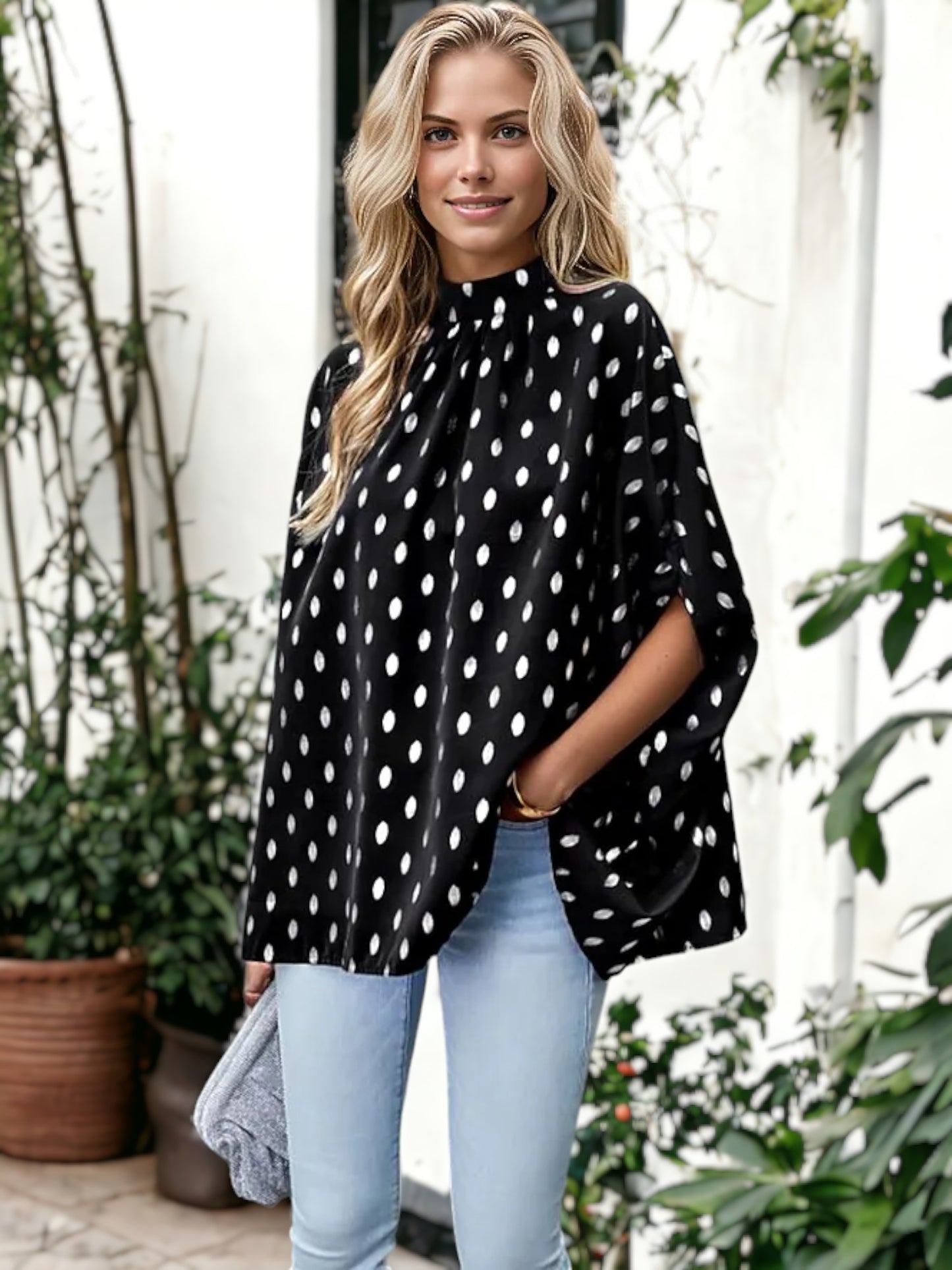 Spotted Print Dolman Sleeve Blouse