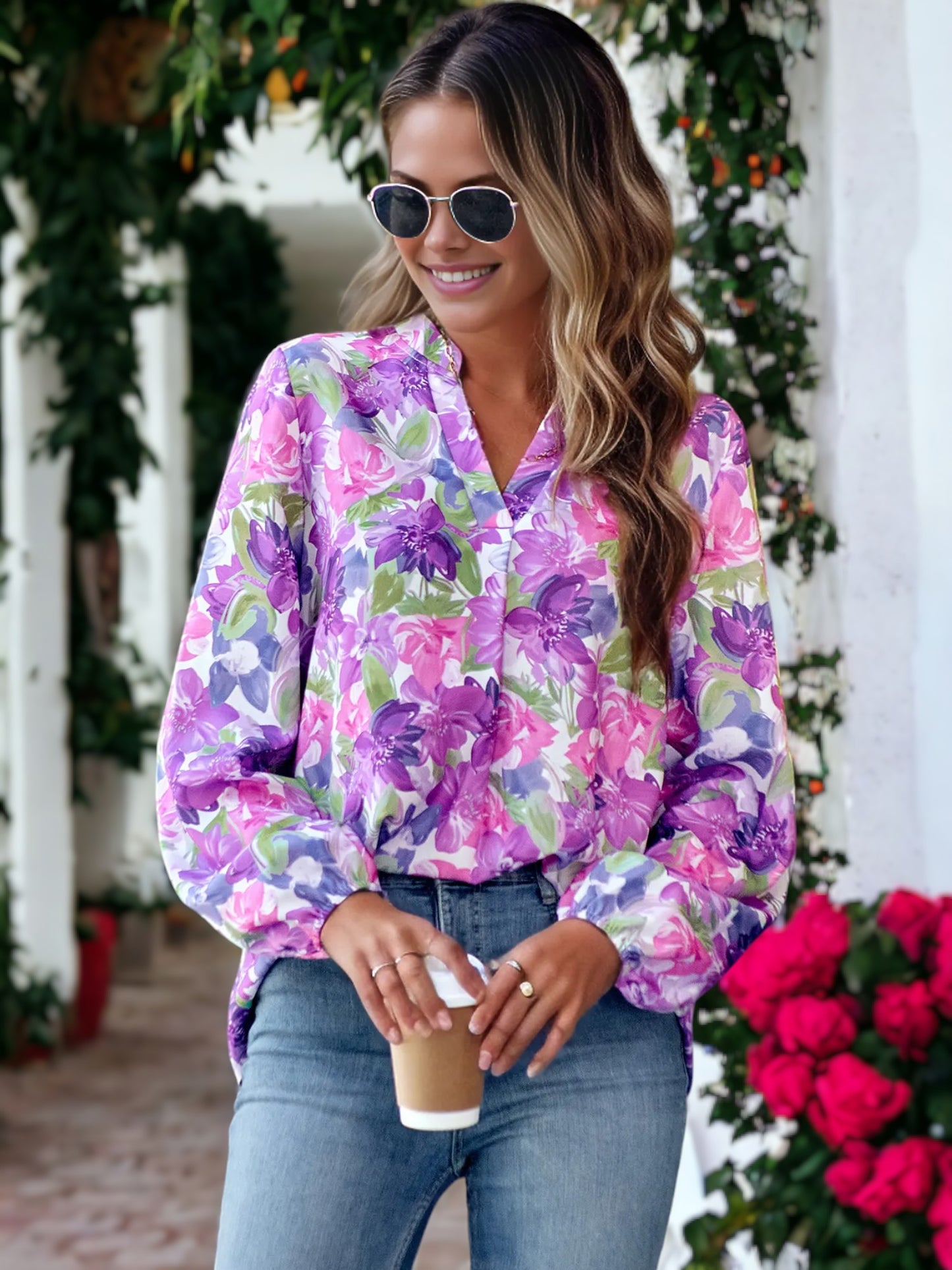 Split V Neck Multicolor Floral Blouse