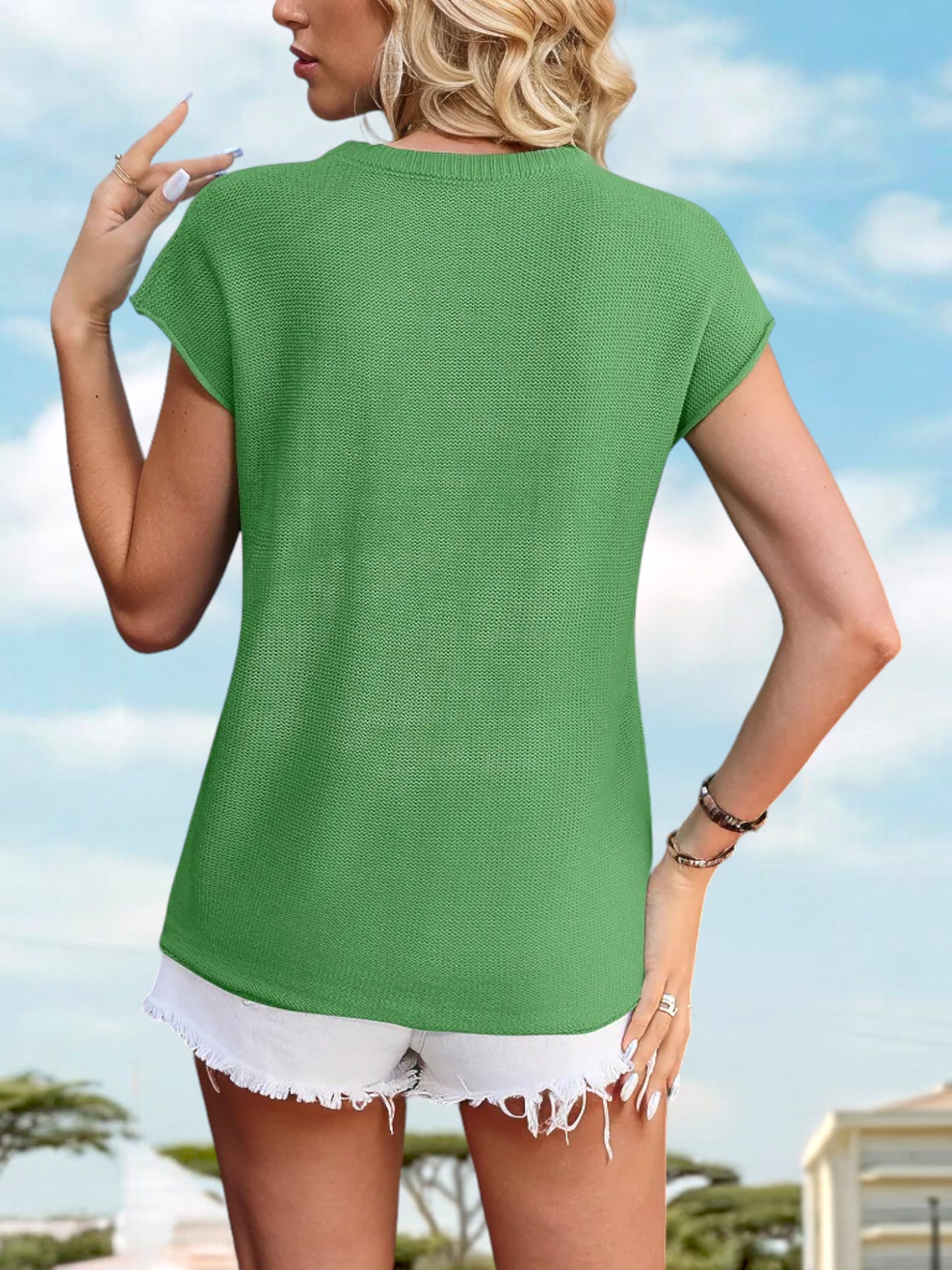 Anna-Kaci Women's Short Sleeve Top with Keyhole Button Detail and Cap Sleeves