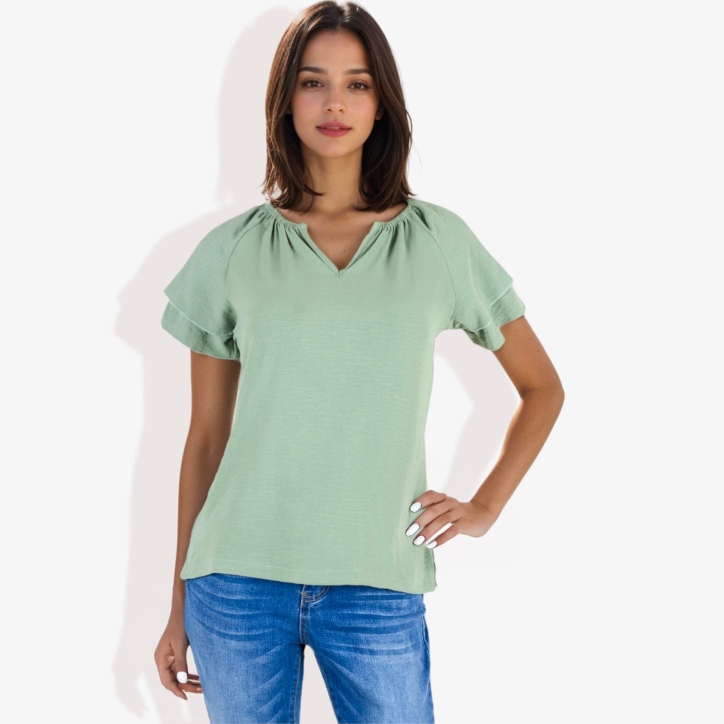 Blusa informal de mujer con escote en V y manga corta con fruncido