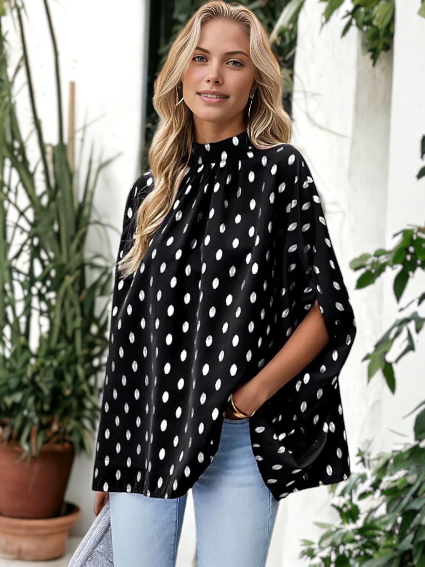 Spotted Print Dolman Sleeve Blouse