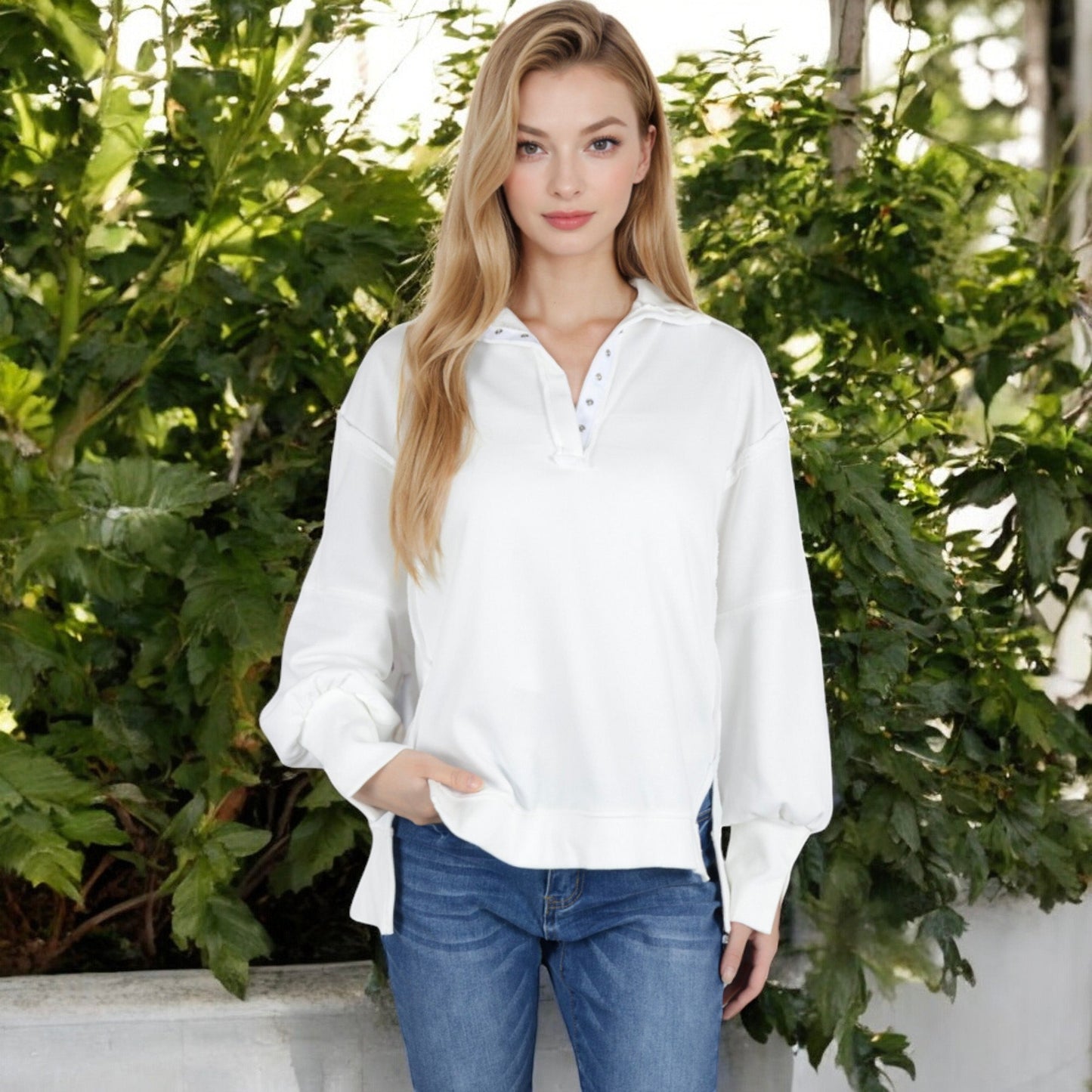 Anna-Kaci Women's Oversized Long Sleeve Pullover with Snap Button Collar and Raw Edge Hem