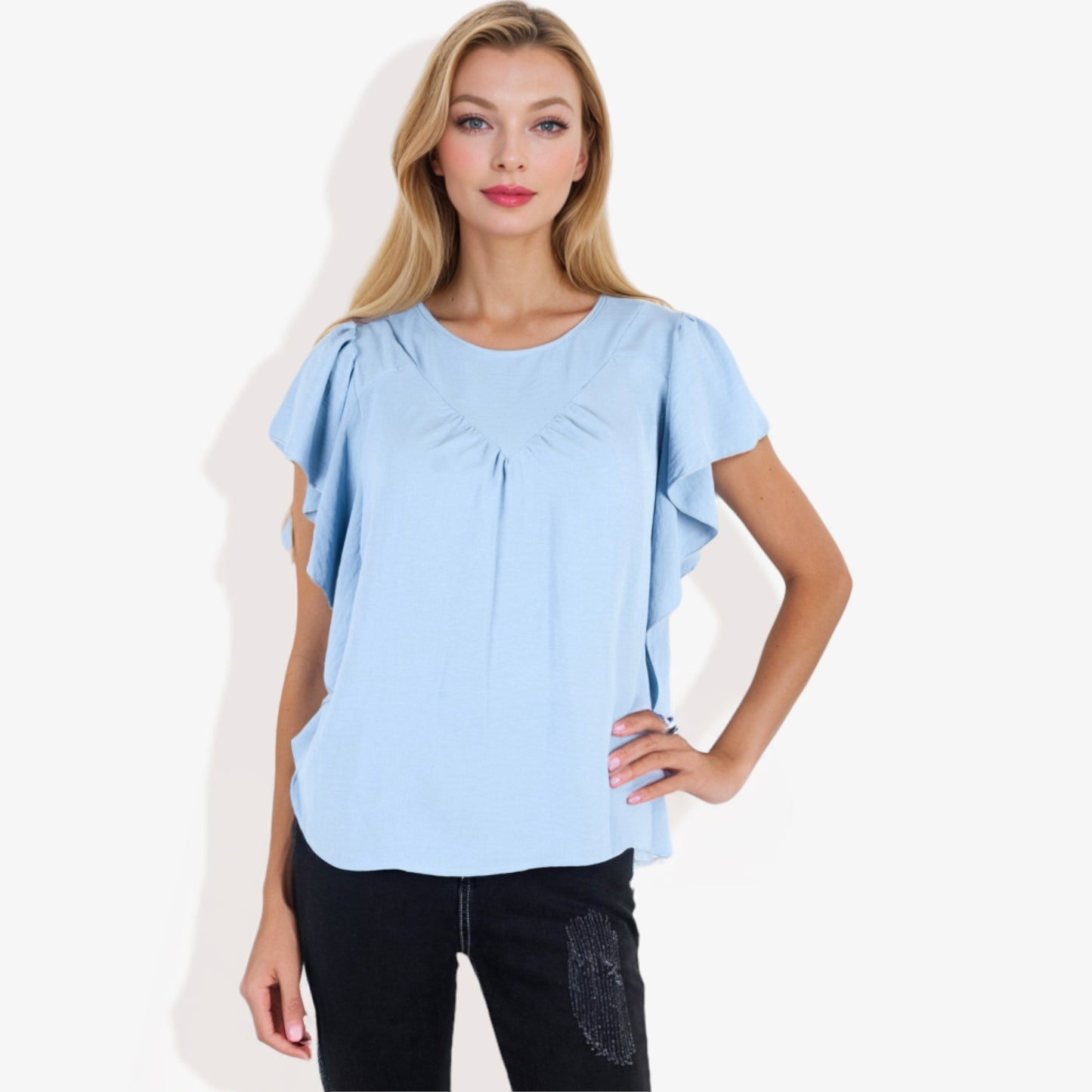 Women's Short Sleeve Pleated Front Blouse with Ruffle Sleeves