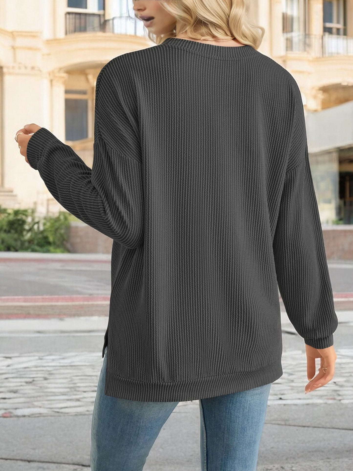 Anna-Kaci Women's Oversized Long Sleeve Knit Top with Ribbed Texture