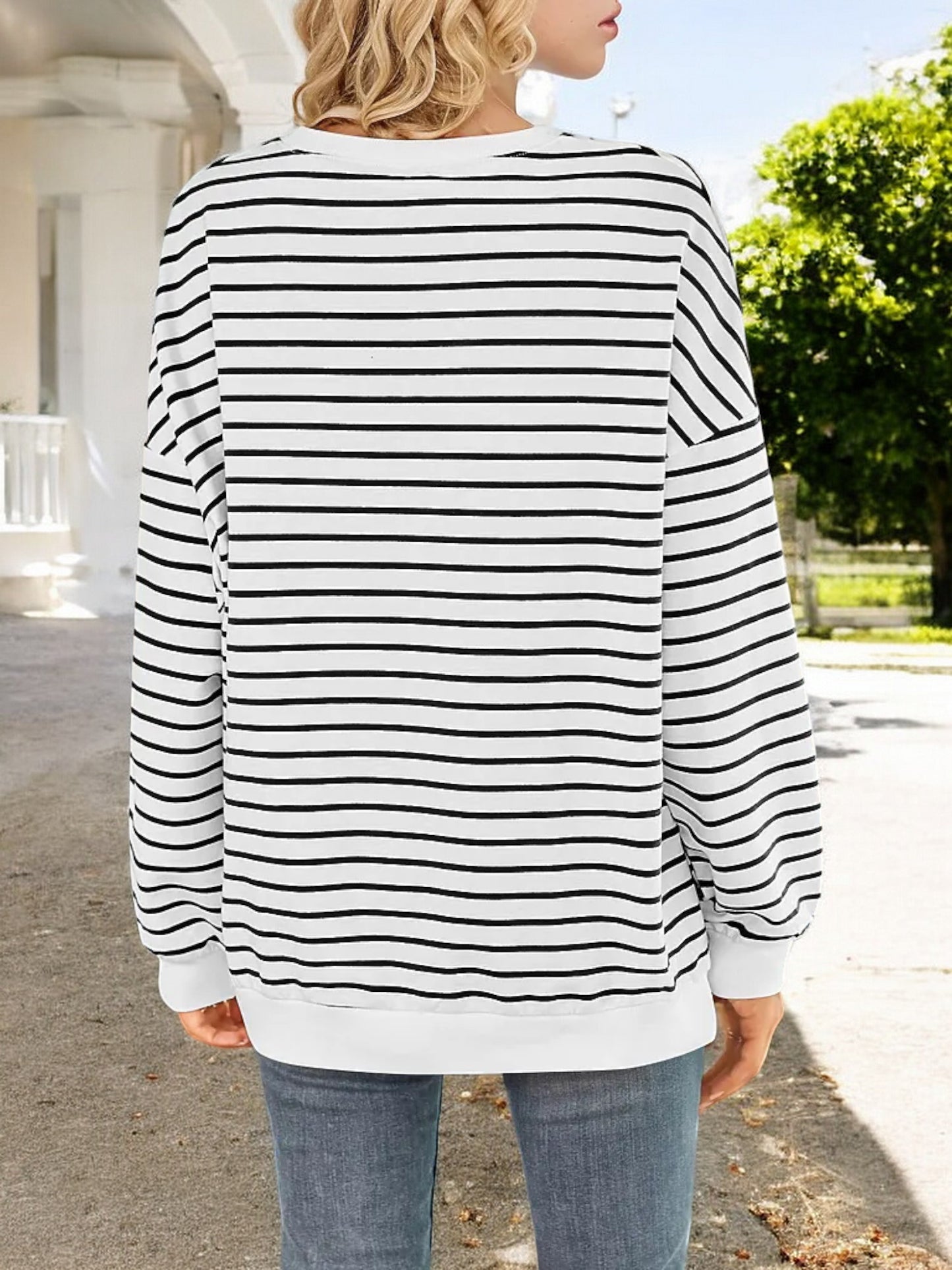 Anna-Kaci Women's Striped Long Sleeve Crew Neck Top with Drop Shoulder Design