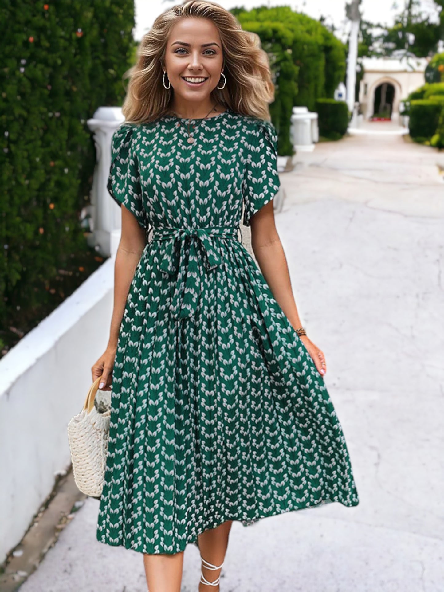 Floral Printed Waist Tied Tulip Sleeved Long Pleated Midi Dress