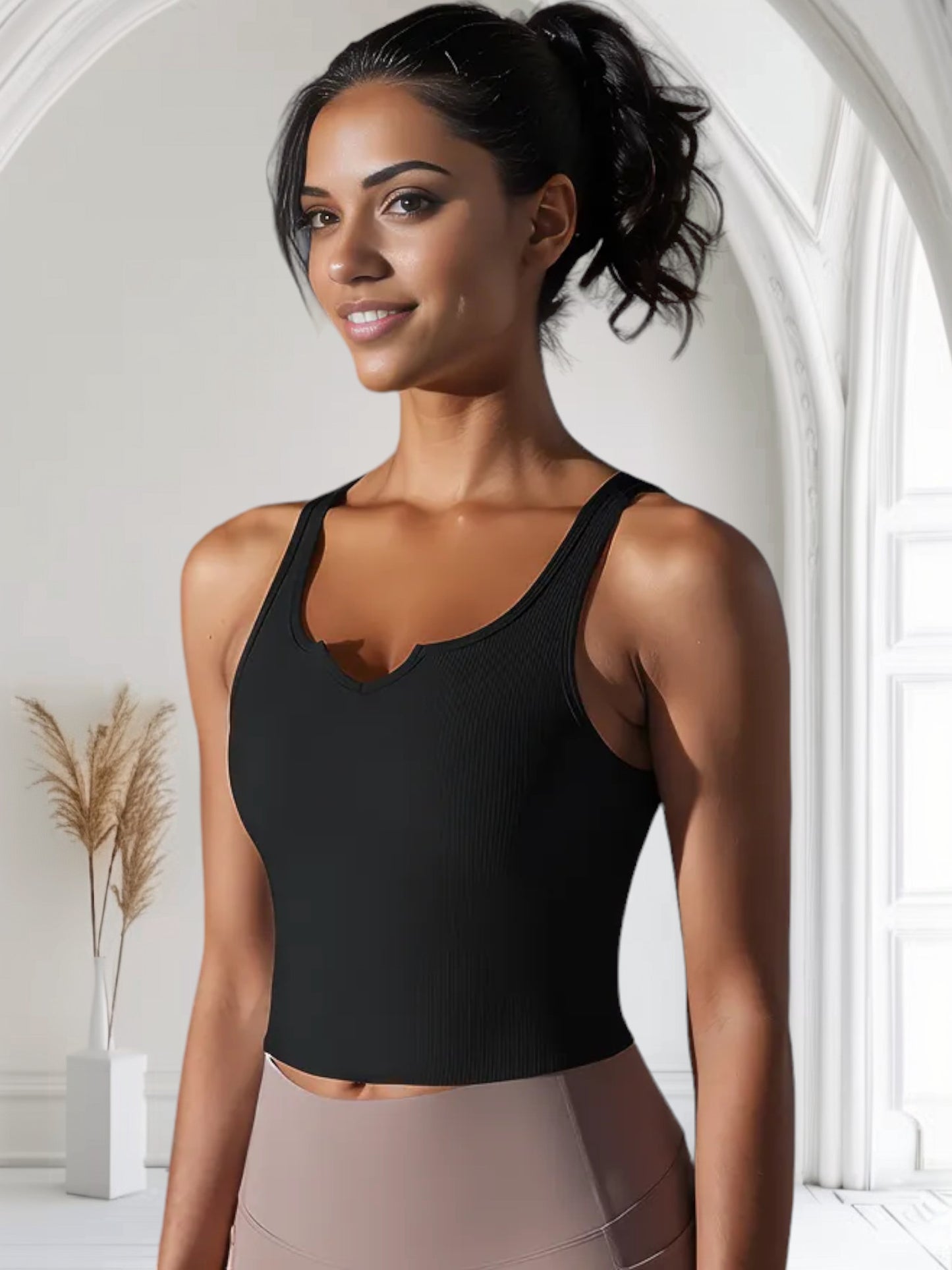 Women's Ribbed Knit Crop Top with Notch Neckline and Sleeveless Design