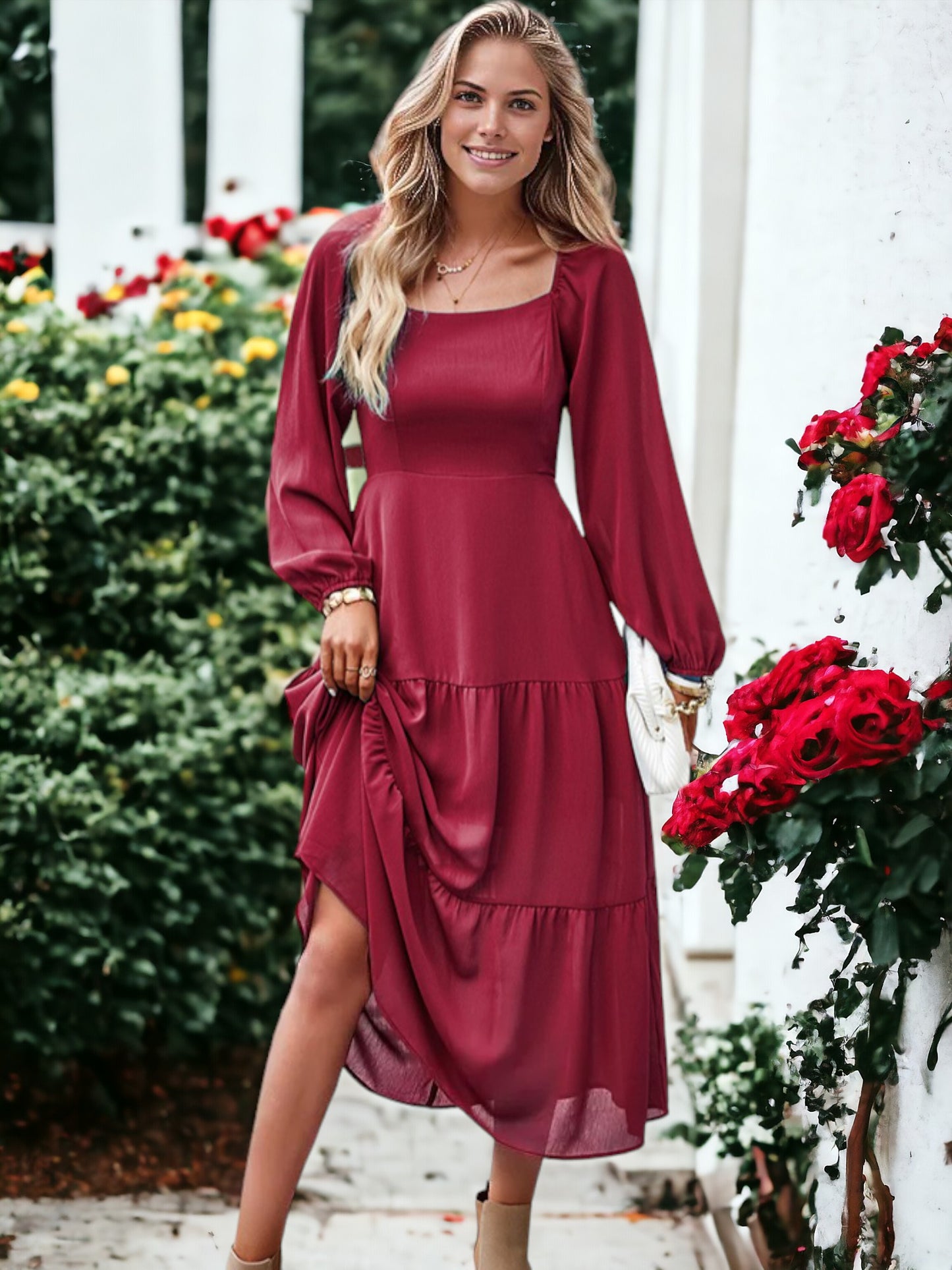 Square Neck Bishop Sleeve Midi Dress