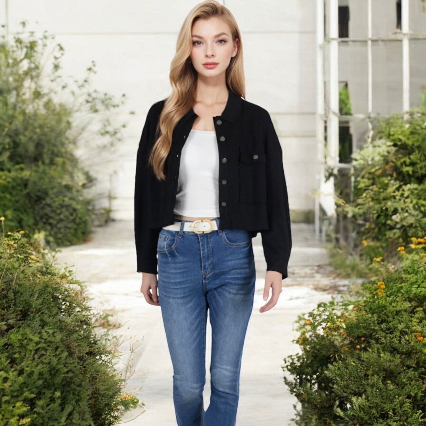 Anna-Kaci Women's Cropped Button-Up Jacket with Chest Pockets and Collared Neckline