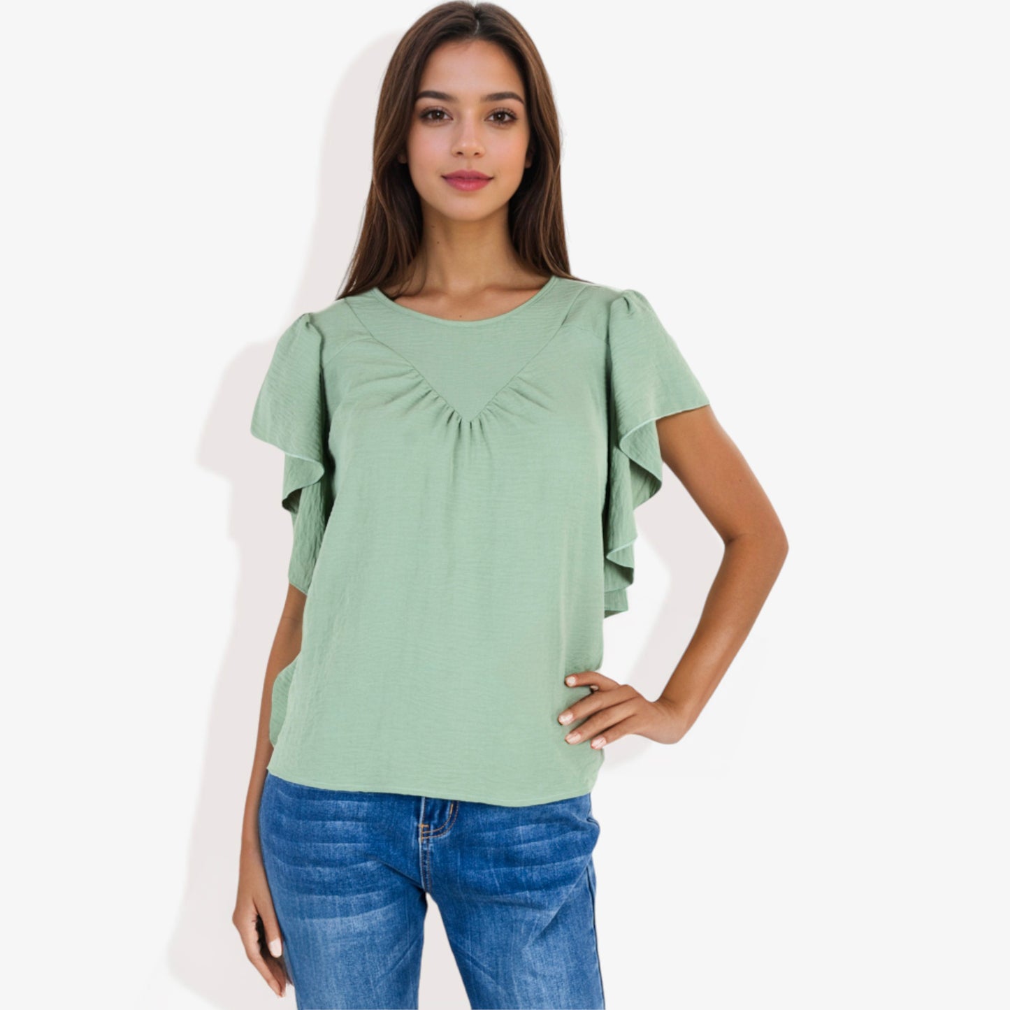 Women's Short Sleeve Pleated Front Blouse with Ruffle Sleeves