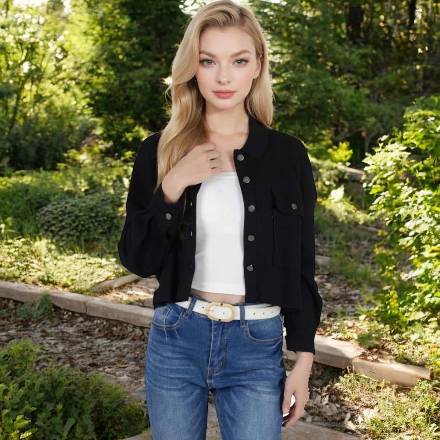 Anna-Kaci Women's Cropped Button-Up Jacket with Chest Pockets and Collared Neckline