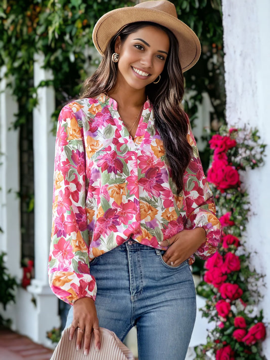 Split V Neck Multicolor Floral Blouse