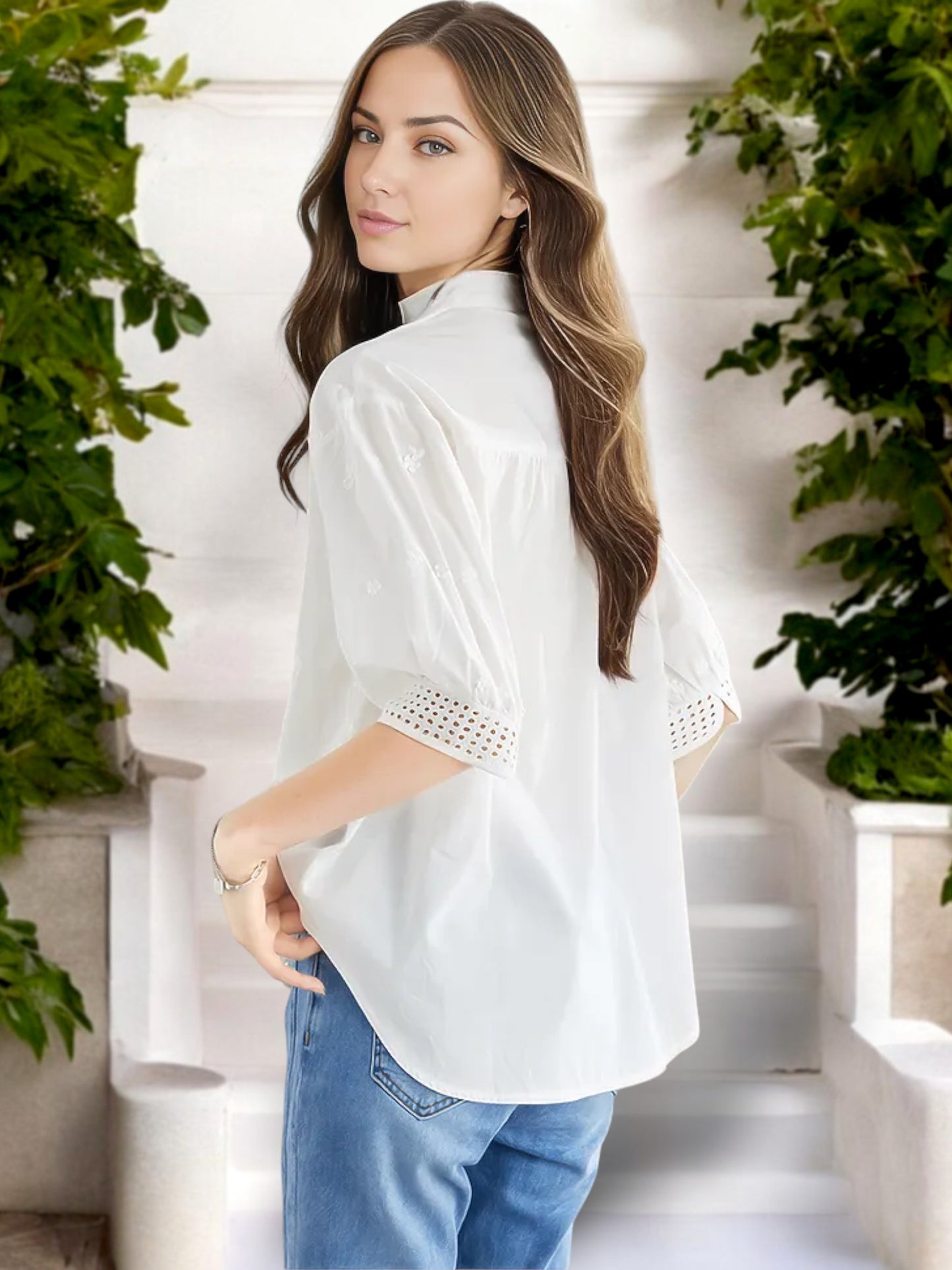 Anna-Kaci Women's Embroidered 3/4 Sleeve Button-Down Blouse with V-Neck