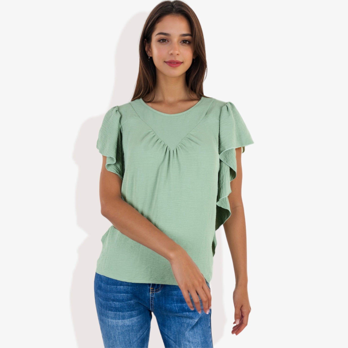 Women's Short Sleeve Pleated Front Blouse with Ruffle Sleeves