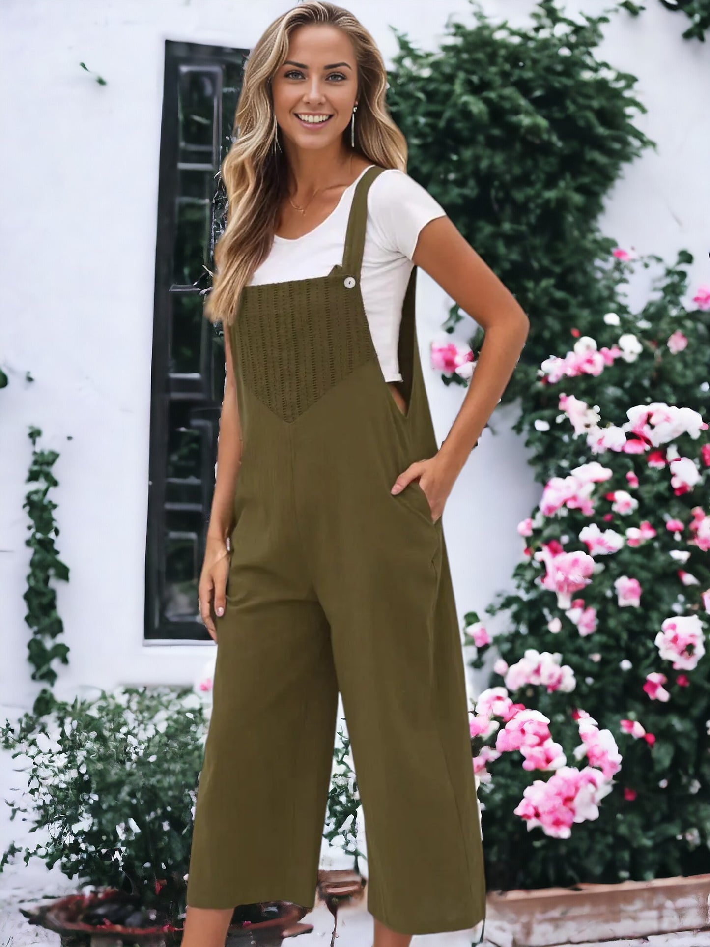 Solid Color Eyelet Detail Overalls