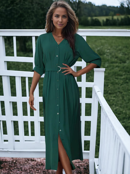 Mid Sleeve Green Button Down V-Neck Belted Dress