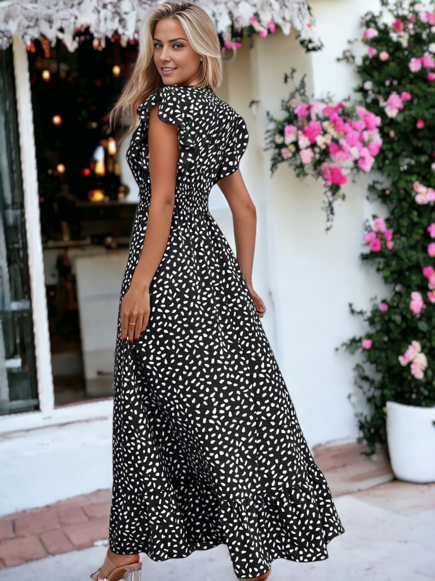 Abstract Print Shirred Waist Maxi Dress