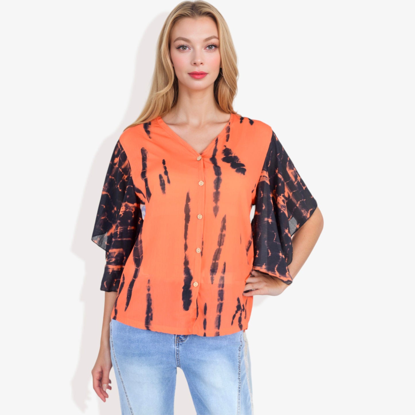 Anna-Kaci Women's Button-Front Tie-Dye Kimono Sleeve Blouse