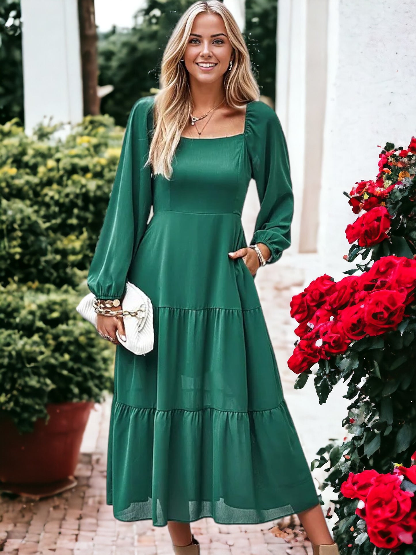 Square Neck Bishop Sleeve Midi Dress
