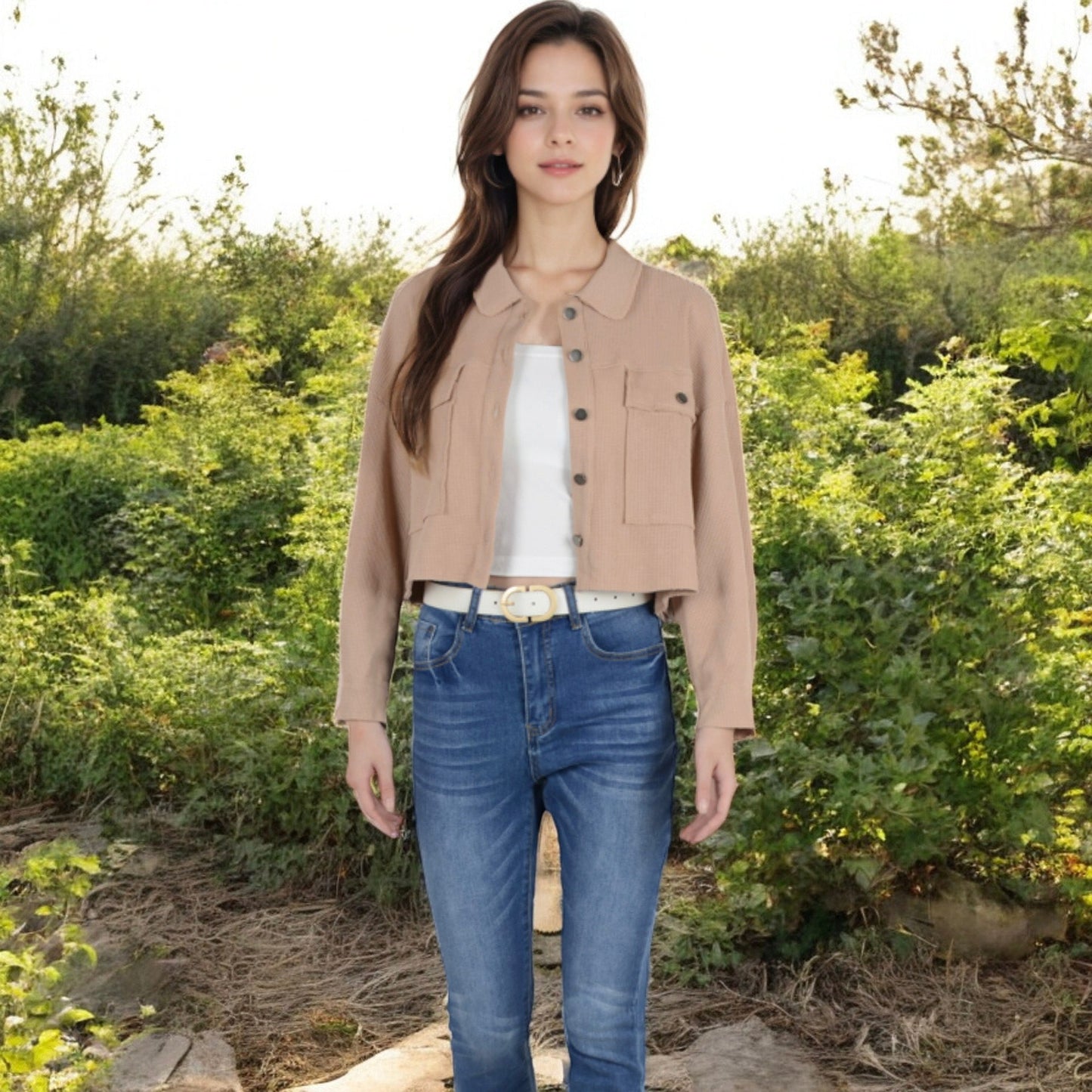 Anna-Kaci Women's Cropped Button-Up Jacket with Chest Pockets and Collared Neckline