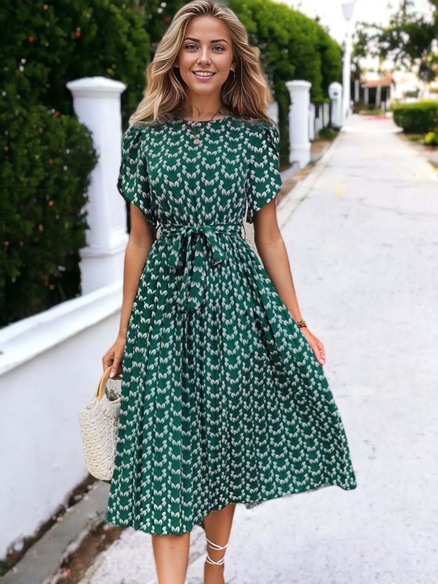 Floral Printed Waist Tied Tulip Sleeved Long Pleated Midi Dress