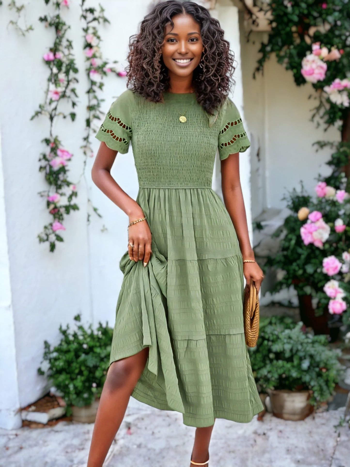 Solid Color Hallow Eyelet Sleeve Tier Midi Dress