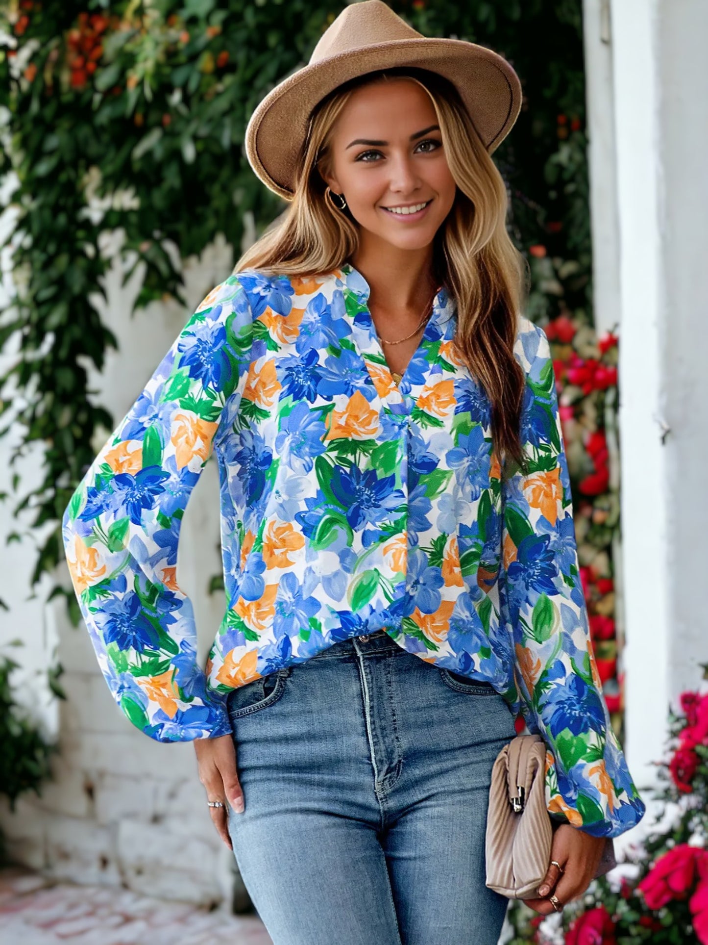 Split V Neck Multicolor Floral Blouse