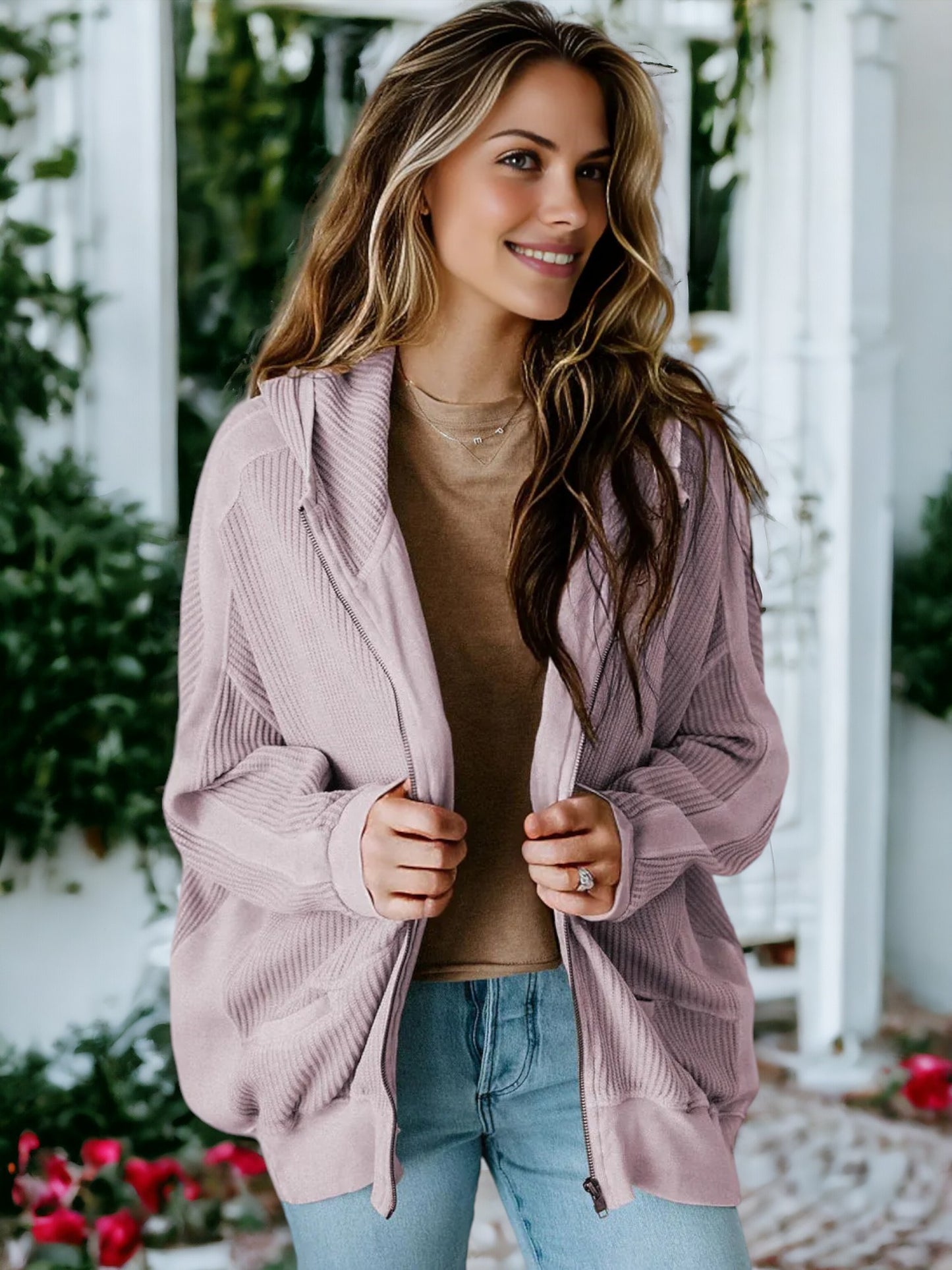 Waffle Knit Textured Hooded Jacket