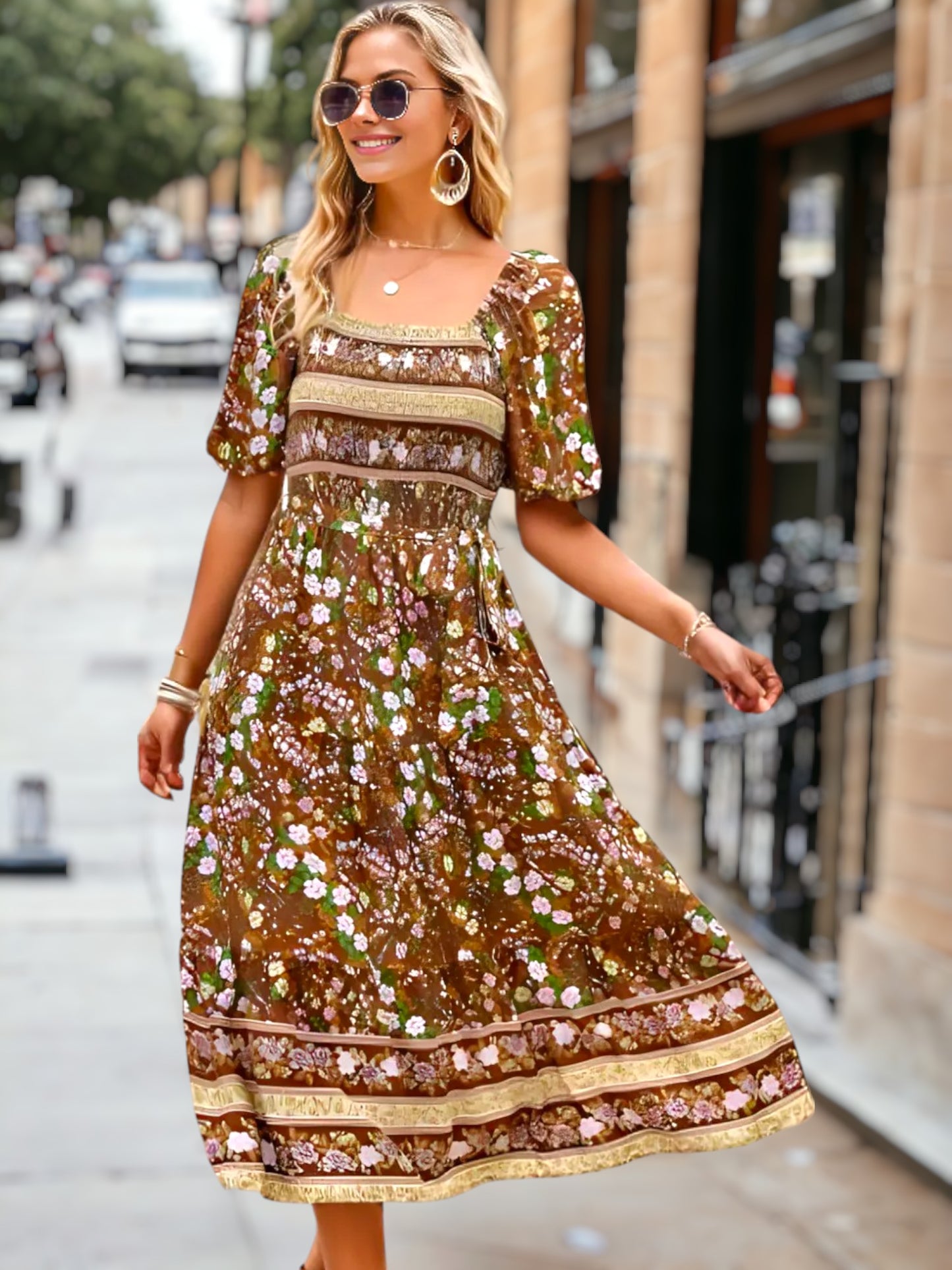 Vestido midi vintage con escote cuadrado