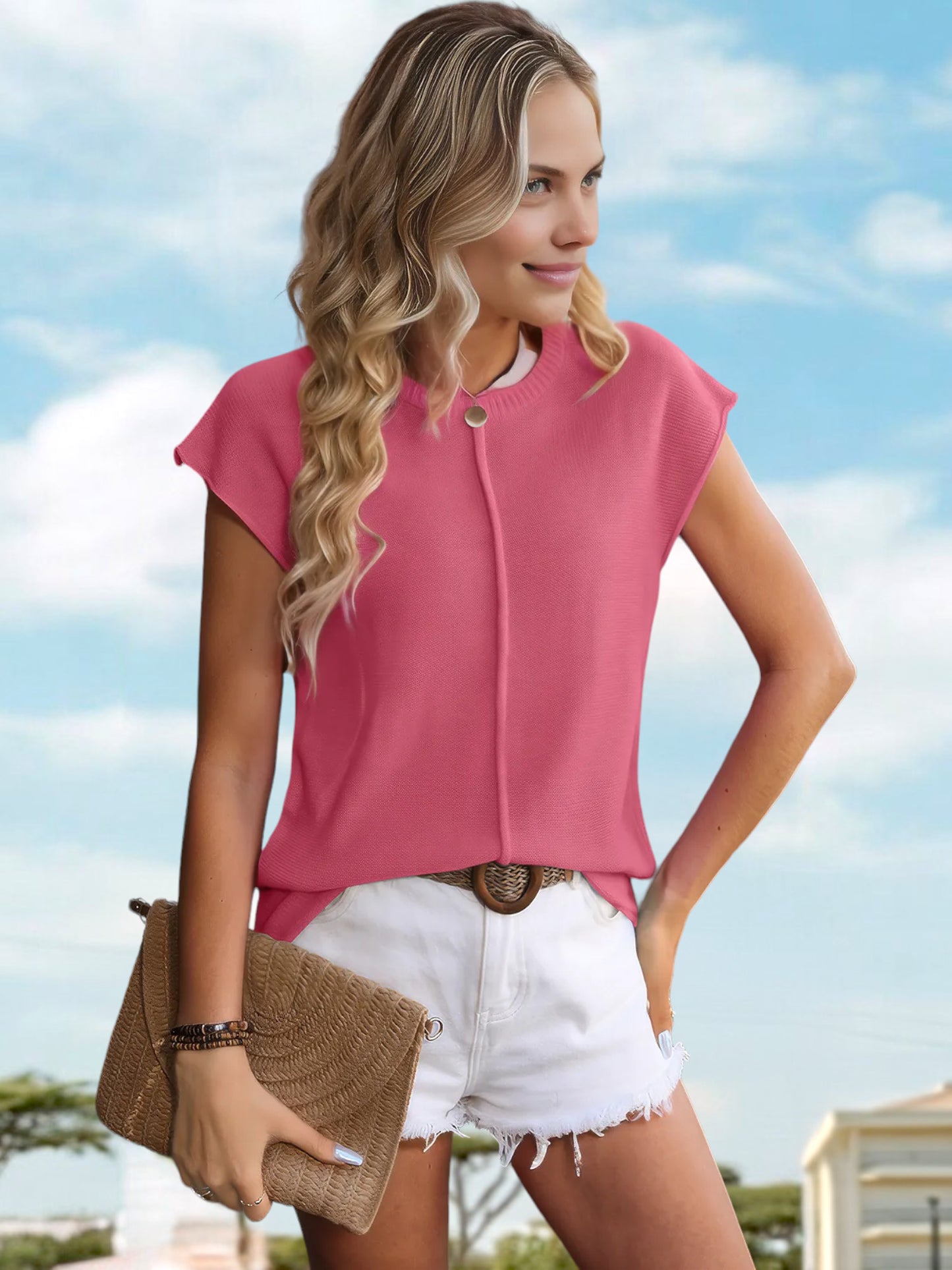 Anna-Kaci Women's Short Sleeve Top with Keyhole Button Detail and Cap Sleeves