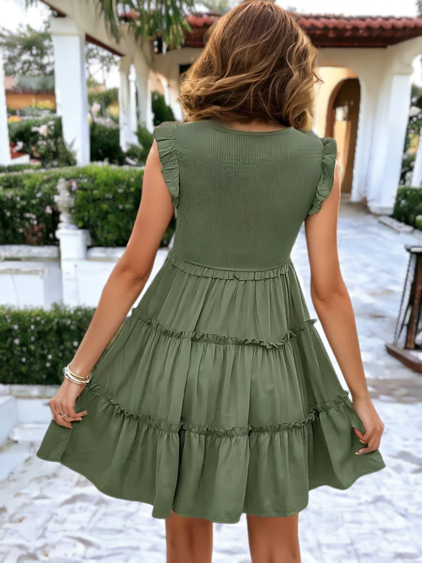 Solid Color Smocked Chest Empire V-Neck Ruffle Dress