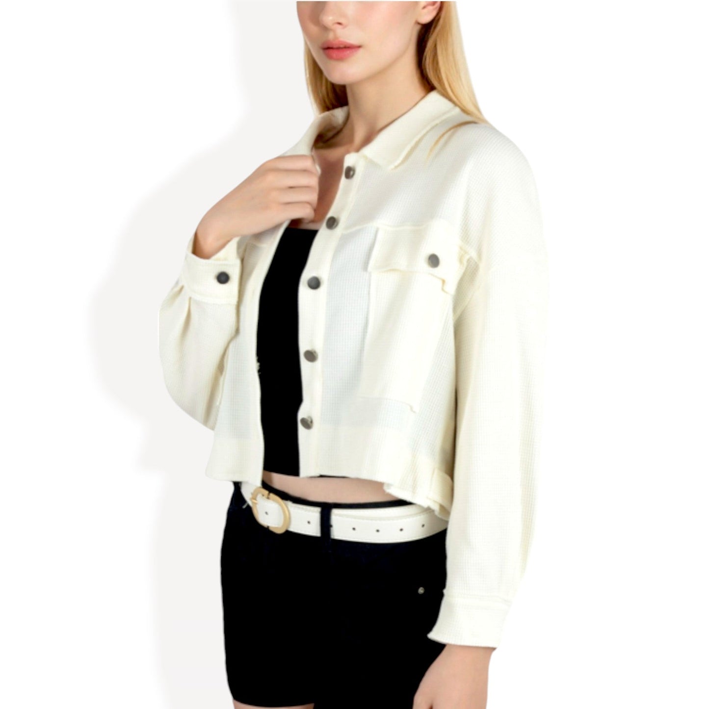 Anna-Kaci Women's Cropped Button-Up Jacket with Chest Pockets and Collared Neckline