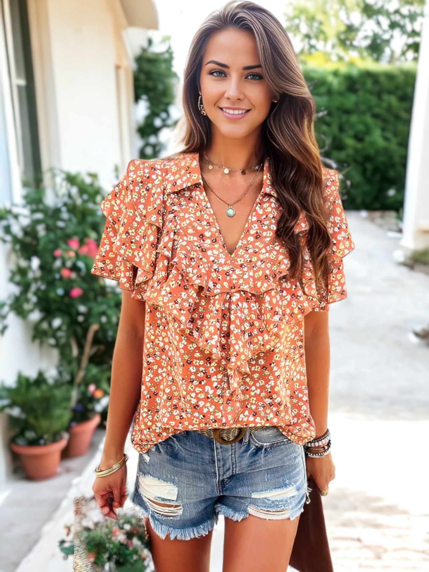 Collar Neck Ruffle Detail Short Sleeve Floral Printed Blouse