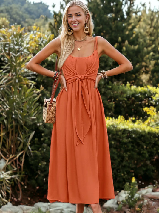 Sleeveless Bow Front Tie Waist Midi Flared Dress