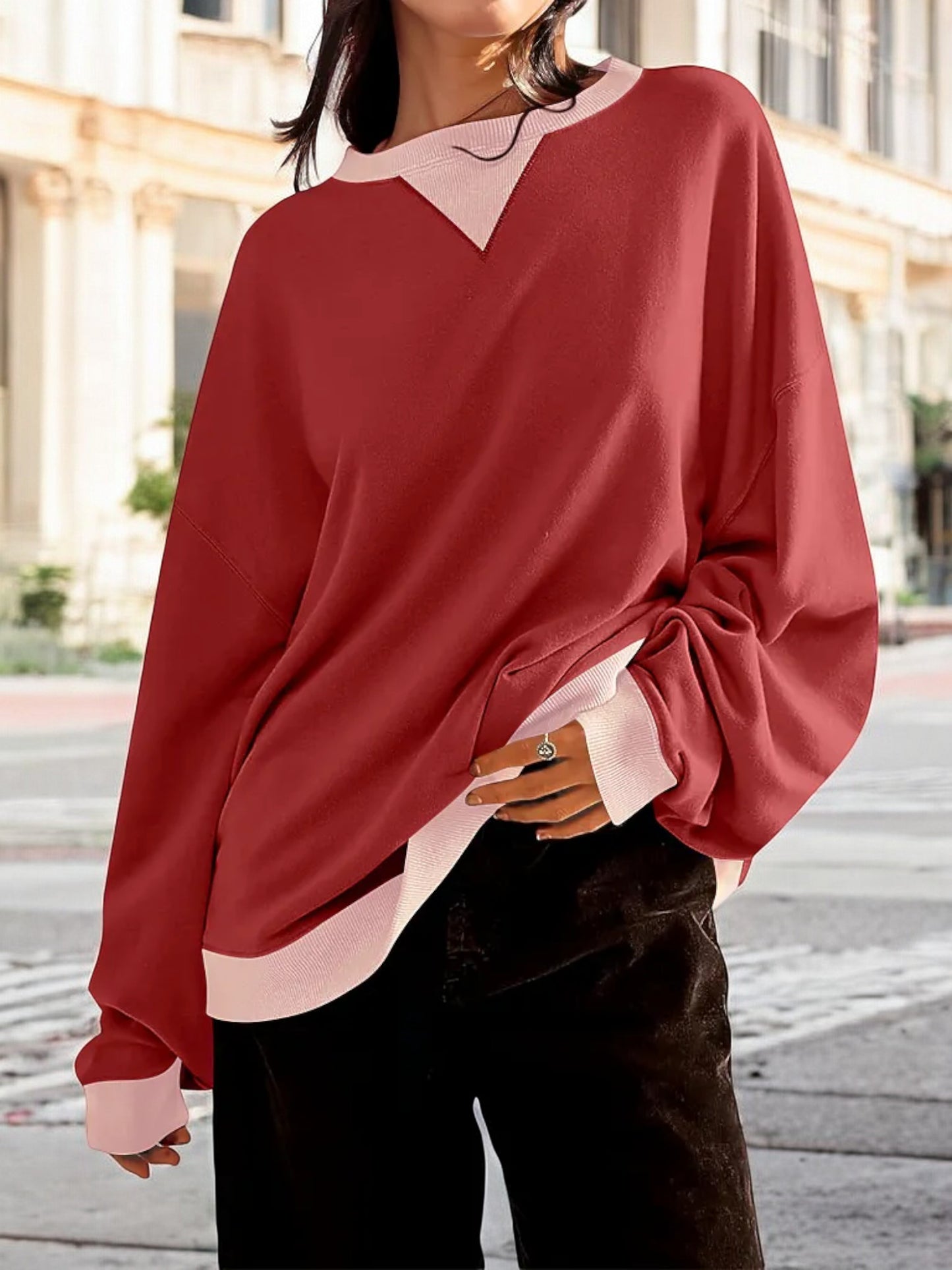 Anna-Kaci Women's Contrast Trim Crew Neck Sweatshirt with Long Sleeves and Relaxed Fit