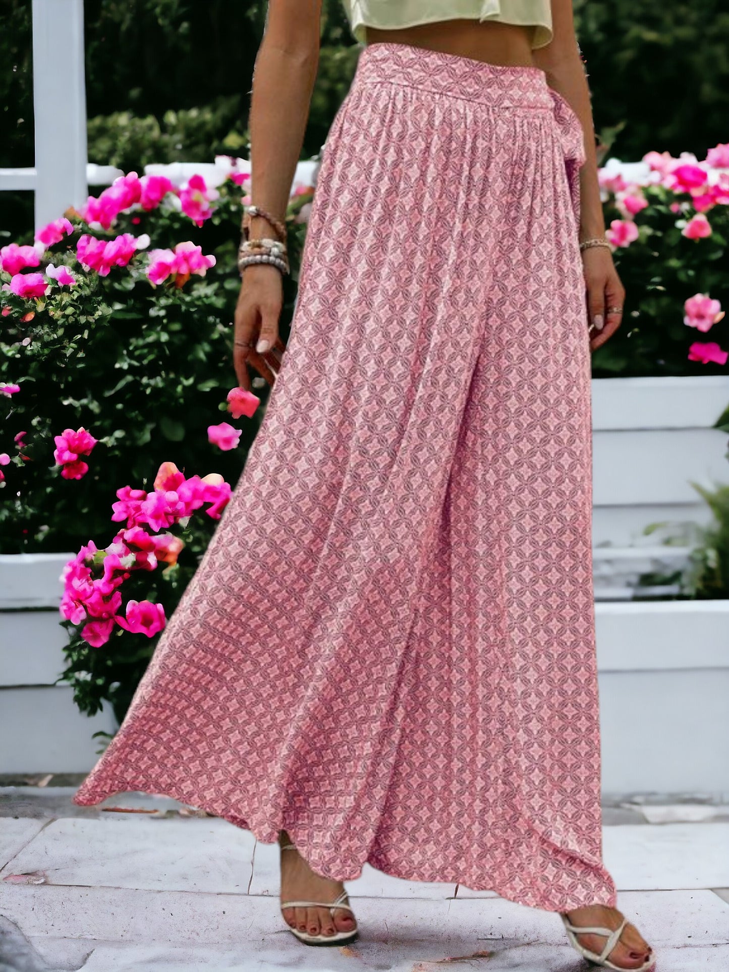 Printed High Waisted Wide Leg Breathable Loose Waist Wrap Pants