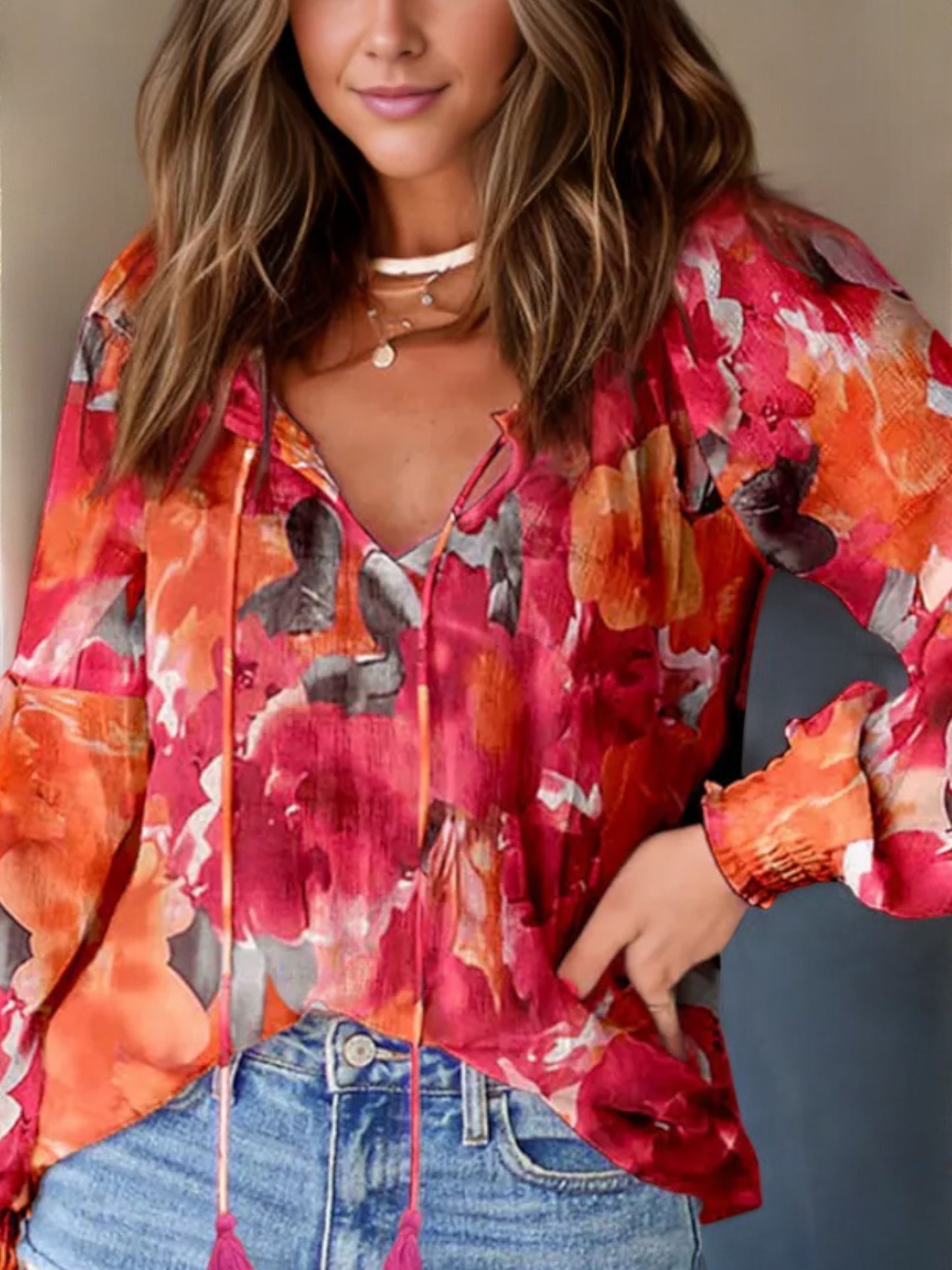 Blusa bohemia con estampado floral de manga larga y lazos con borlas para mujer de Anna-Kaci