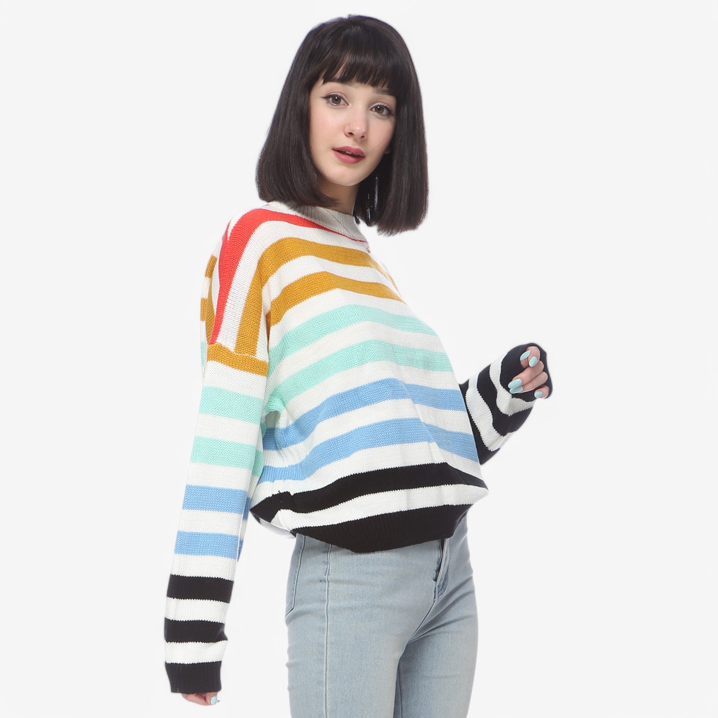 Anna-Kaci Women's Striped Knit Sweater with Crew Neck and Long Sleeves