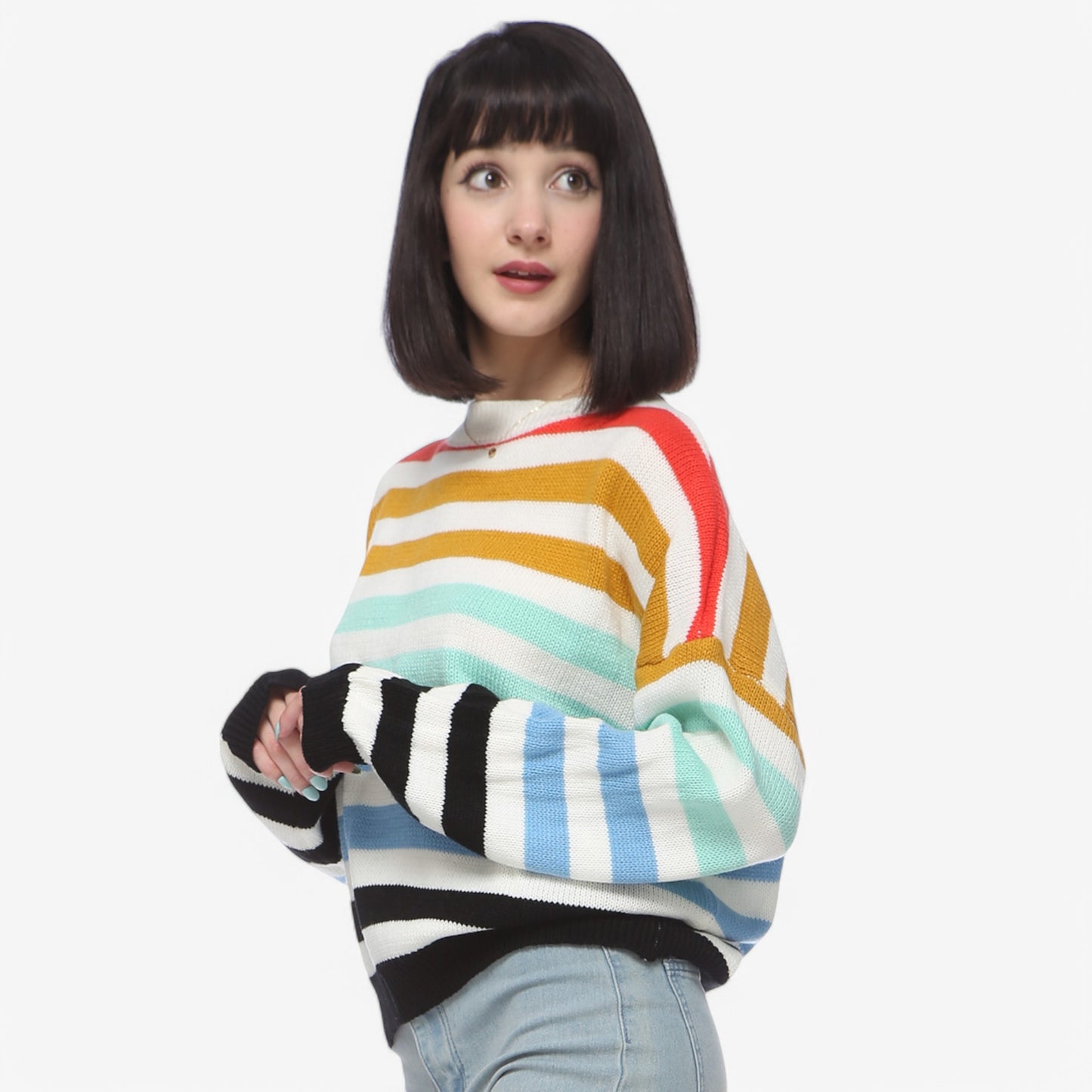 Anna-Kaci Women's Striped Knit Sweater with Crew Neck and Long Sleeves