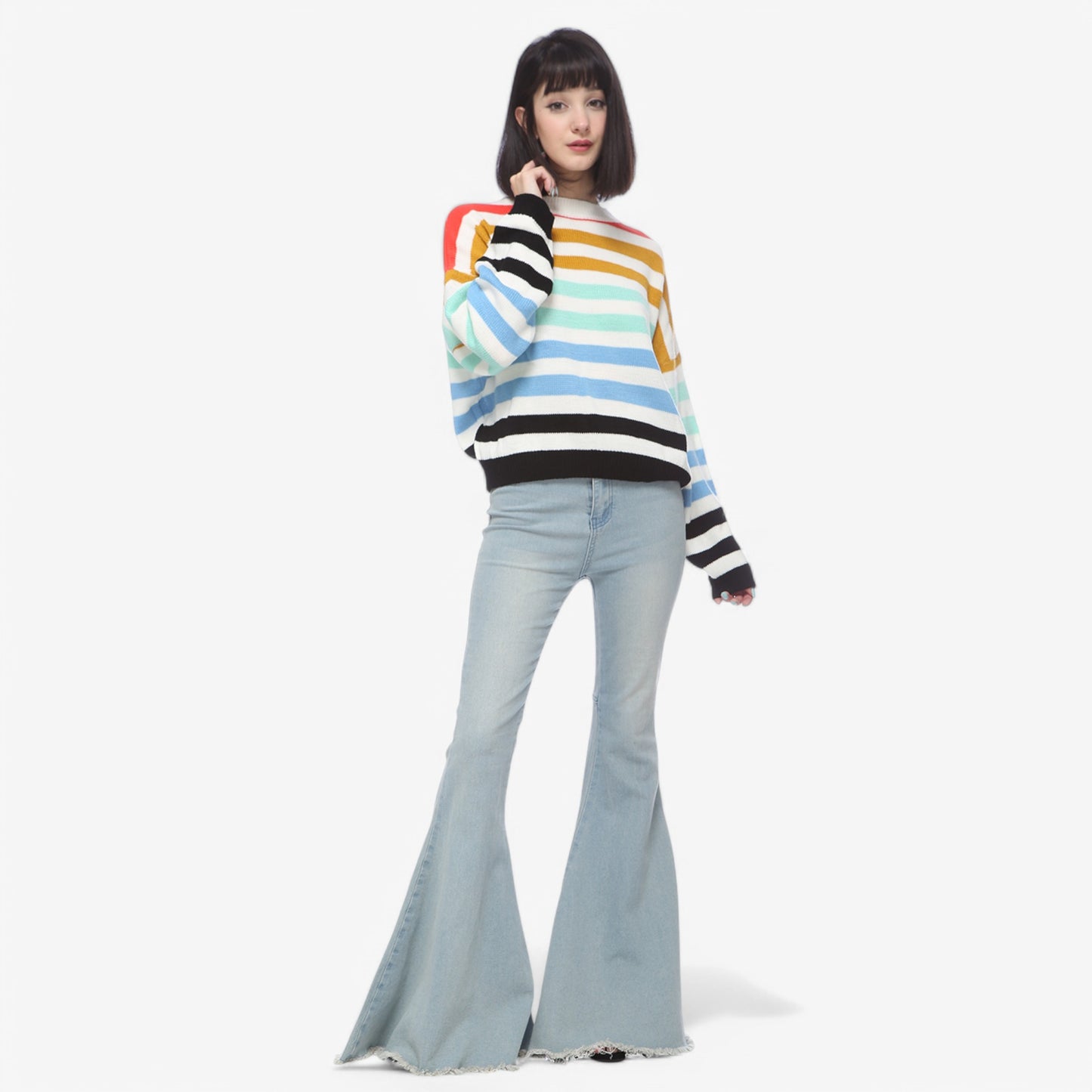 Anna-Kaci Women's Striped Knit Sweater with Crew Neck and Long Sleeves
