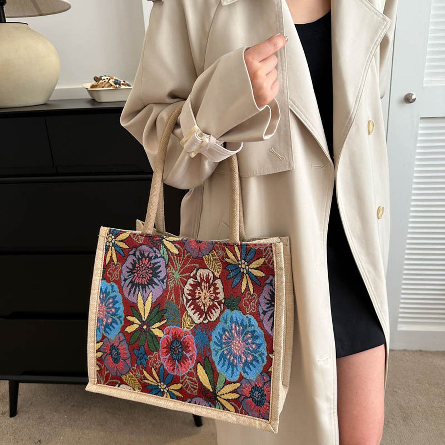 Anna-Kaci Women's Floral Sackcloth Tote Bag-Lightweight Handbag