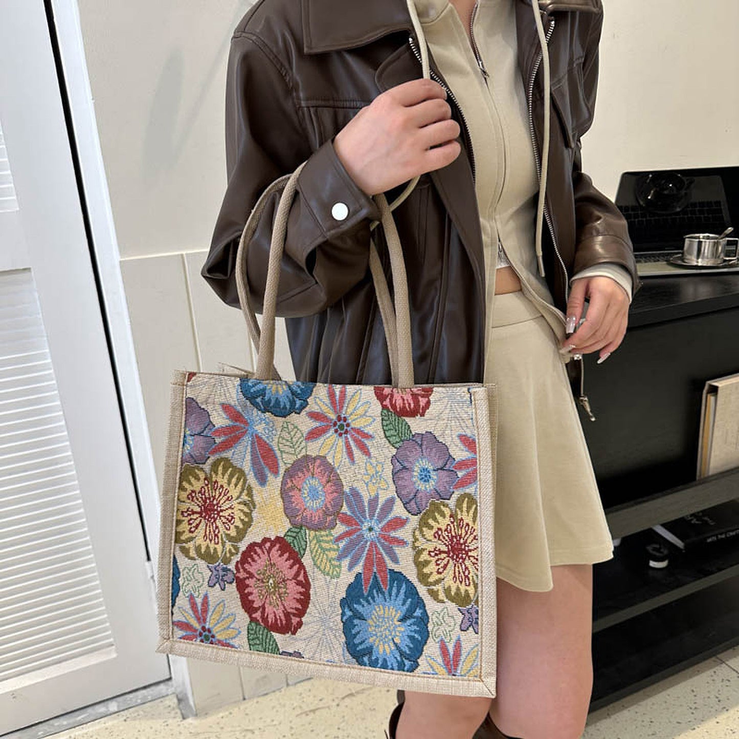 Anna-Kaci Women's Floral Sackcloth Tote Bag-Lightweight Handbag