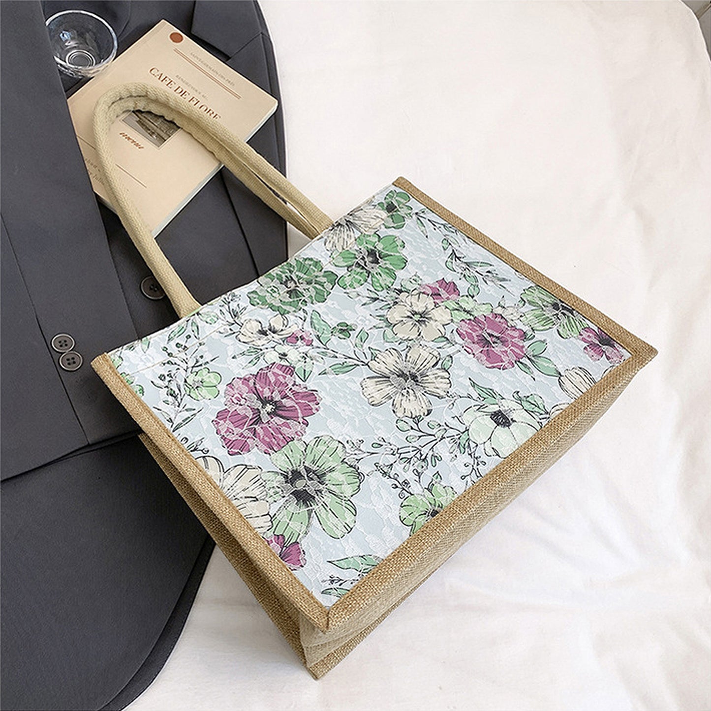 Anna-Kaci Women's Floral Linen-Polyester Tote Bag-Lightweight Floral Print Shopping Bag