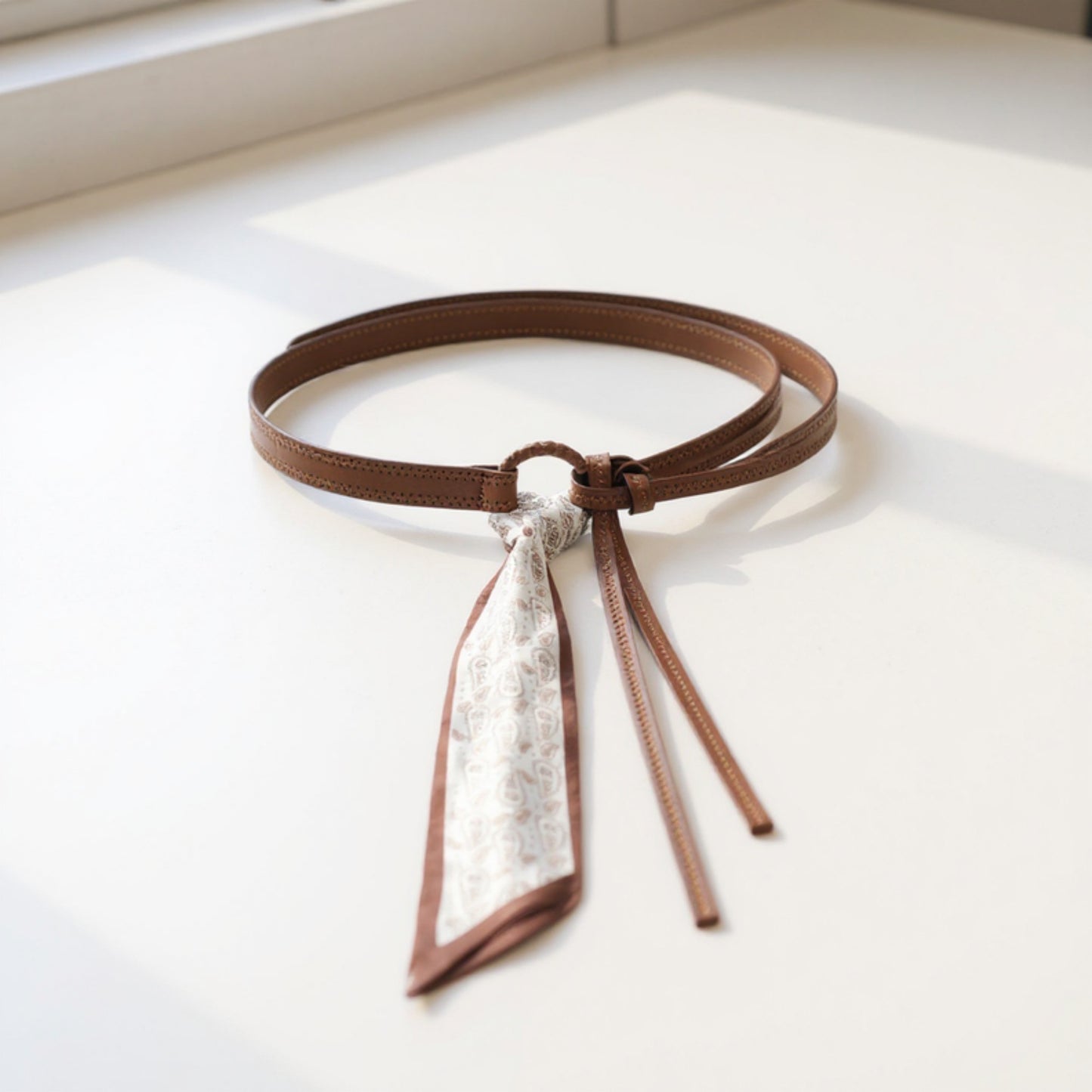 Anna-Kaci Women's Faux Leather Waist Belt with Printed Scarf Accent and Adjustable Knot Design 53x0.8 in