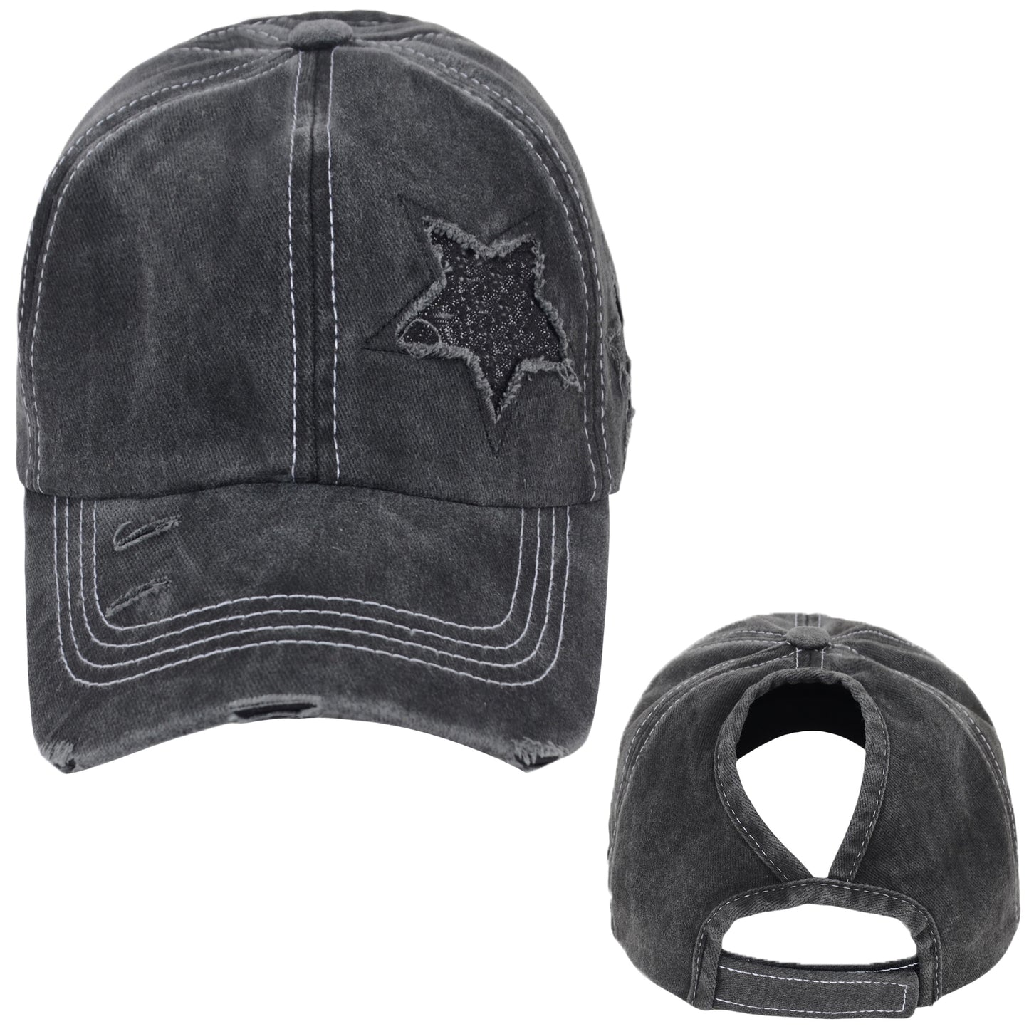 Anna-Kaci Women's Baseball Cap Glitter Star Distressed Ponytail Hat High Messy Bun Ponycap Trucker Dad Hat