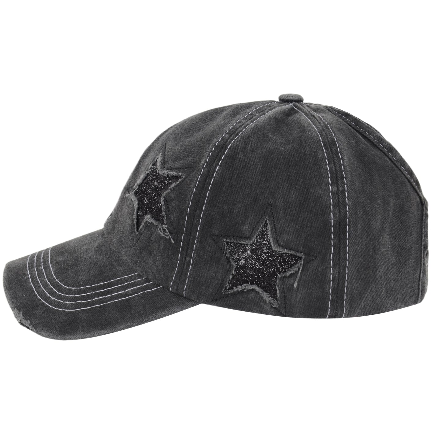Anna-Kaci Women's Baseball Cap Glitter Star Distressed Ponytail Hat High Messy Bun Ponycap Trucker Dad Hat