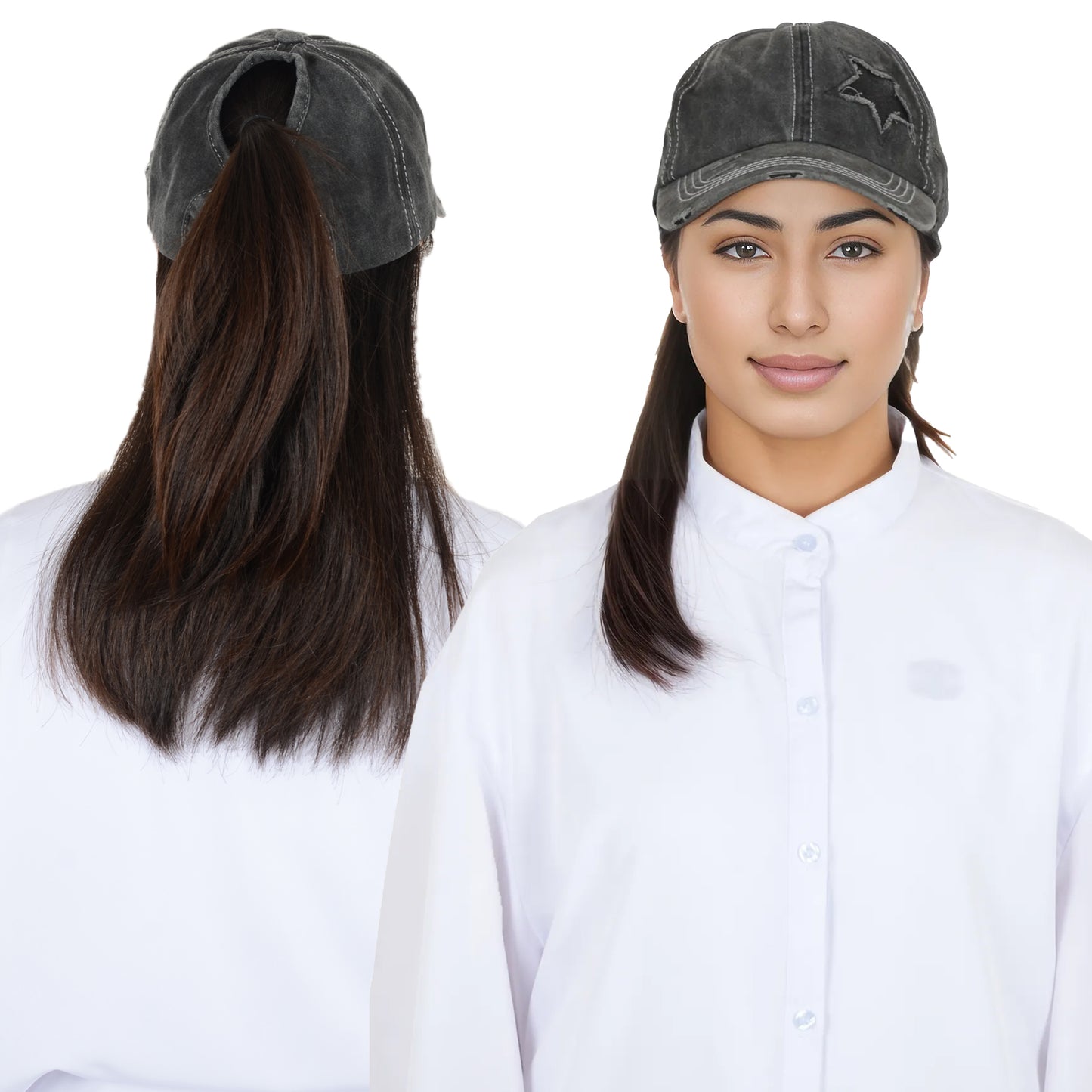 Anna-Kaci Women's Baseball Cap Glitter Star Distressed Ponytail Hat High Messy Bun Ponycap Trucker Dad Hat