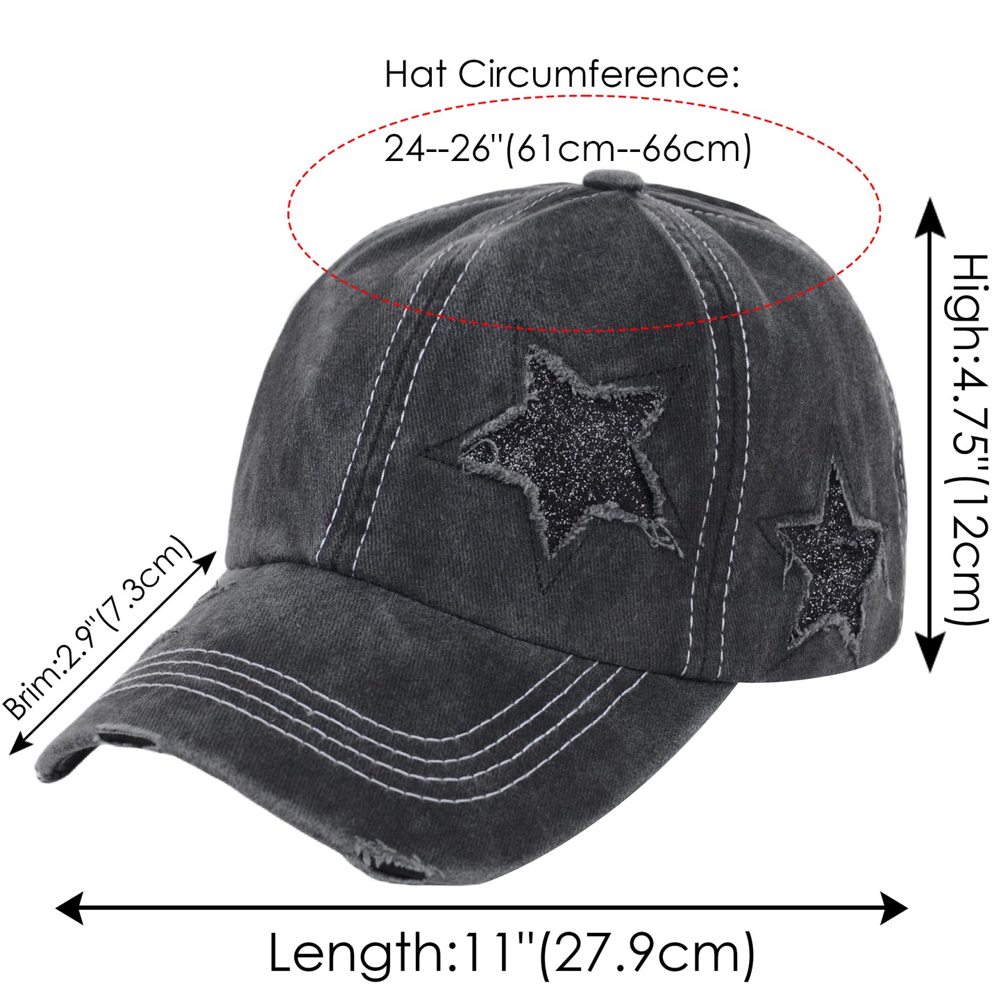Anna-Kaci Women's Baseball Cap Glitter Star Distressed Ponytail Hat High Messy Bun Ponycap Trucker Dad Hat